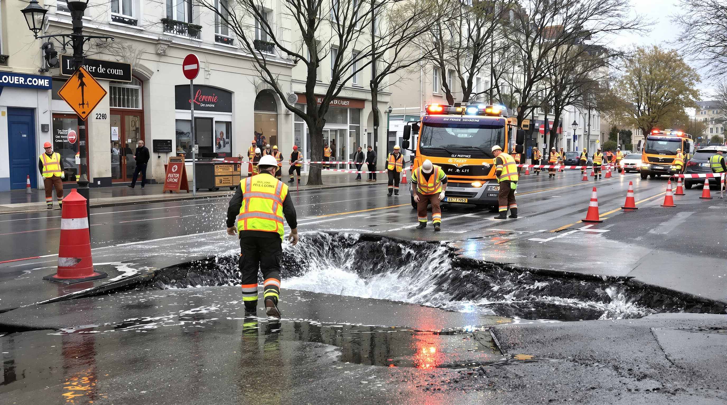 Agents des eaux en intervention d'urgence sur une canalisation rompue en pleine rue