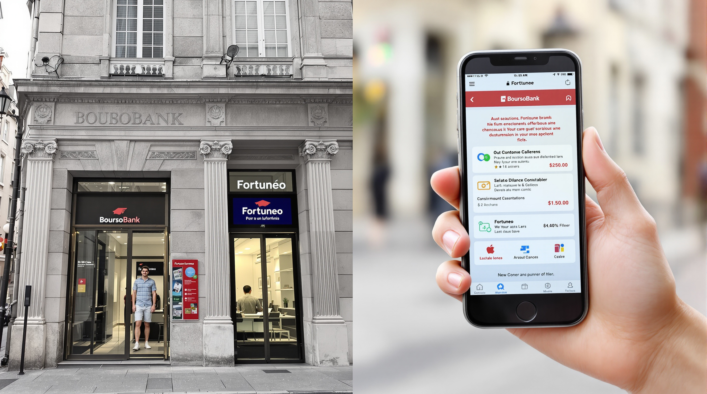Contraste entre agence bancaire classique et application de banque en ligne sur smartphone