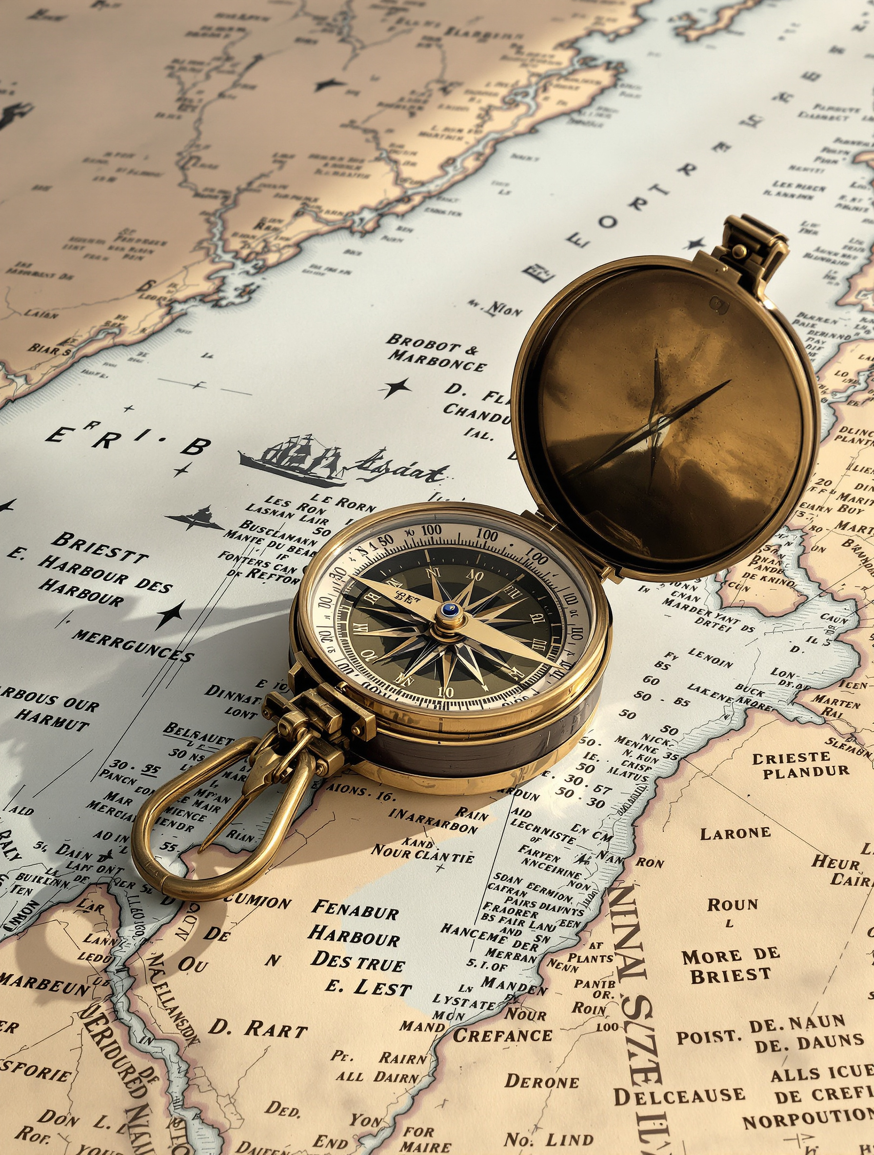 Ancienne boussole en laiton posée sur une carte maritime de la rade de Brest – planification patrimoniale