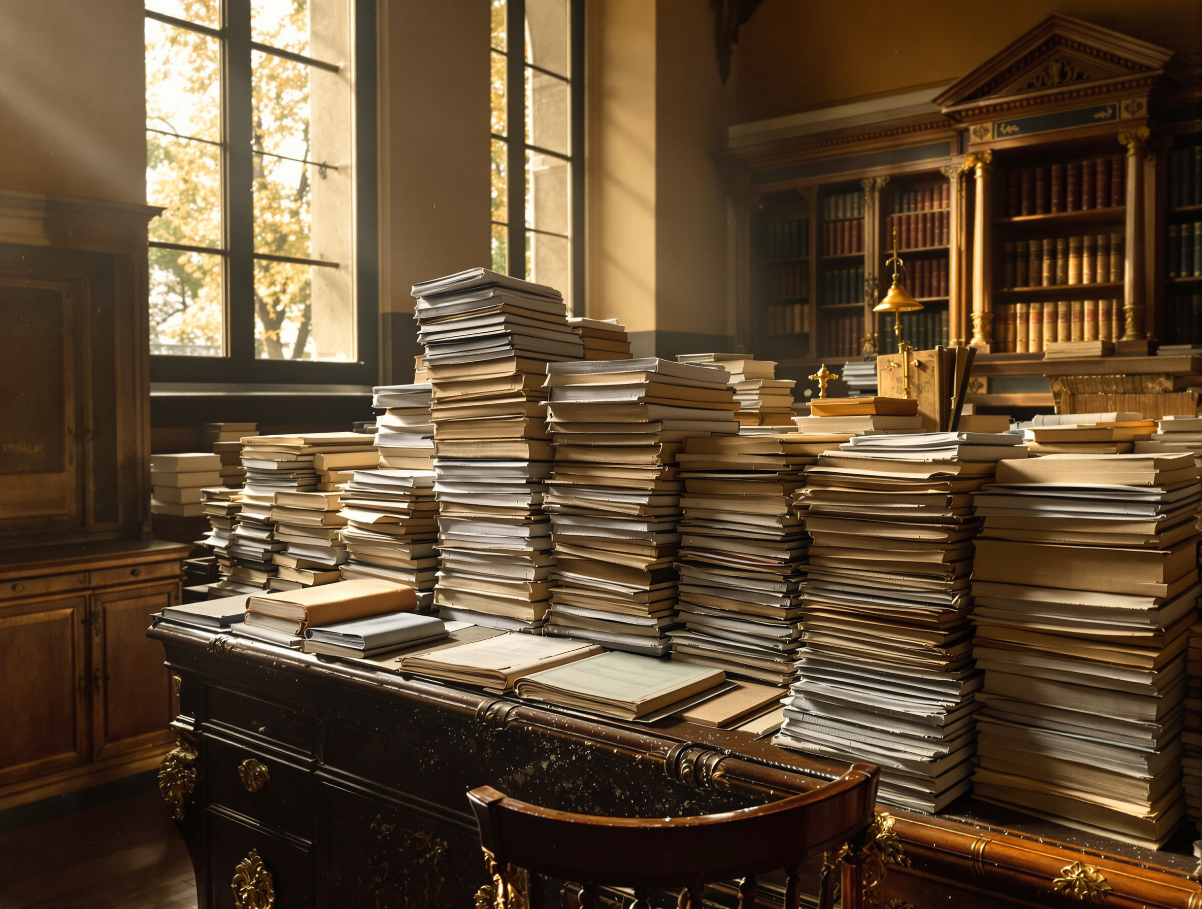 Un bureau de notaire ancien à Reims, avec des piles de dossiers en attente, illustrant le risque d'un dossier qui prend la poussière à cause d'un manque de réactivité.