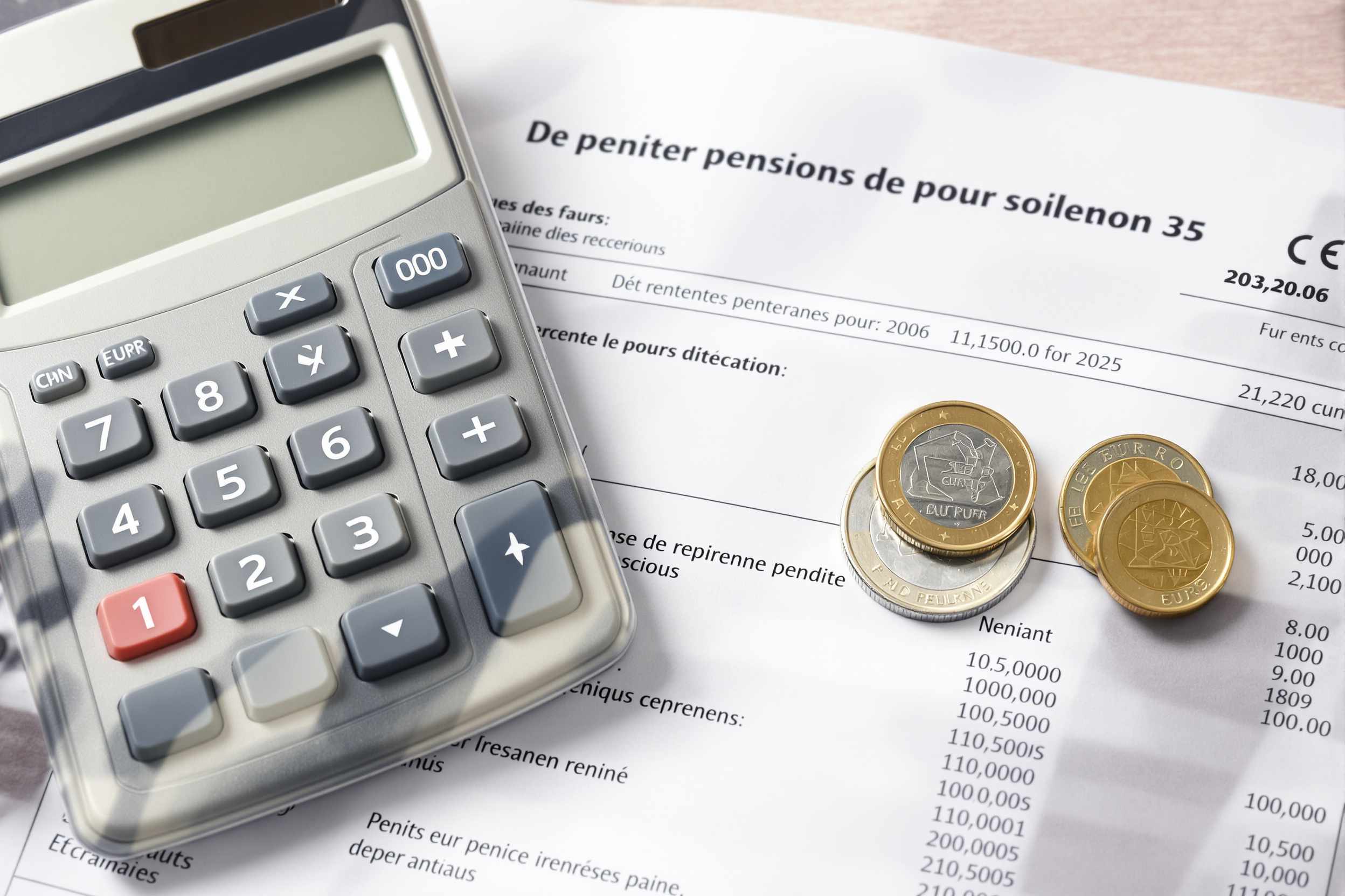 Une calculatrice posée sur un relevé de pension à côté de quelques pièces d'euros, illustrant le calcul complexe et le faible gain de la revalorisation des retraites pour 2026.