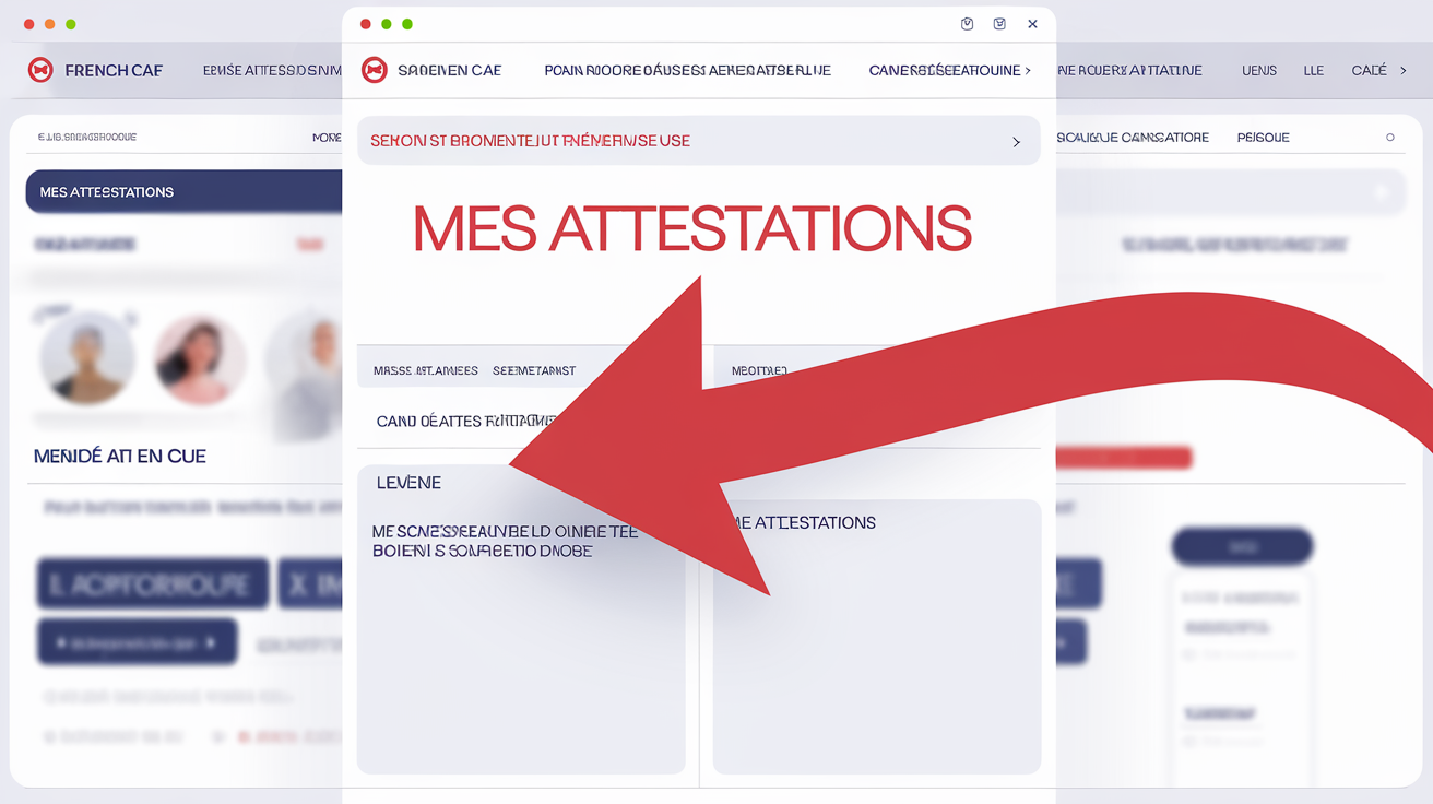 Capture d'écran floutée du site CAF, flèche rouge vers 'Mes attestations'