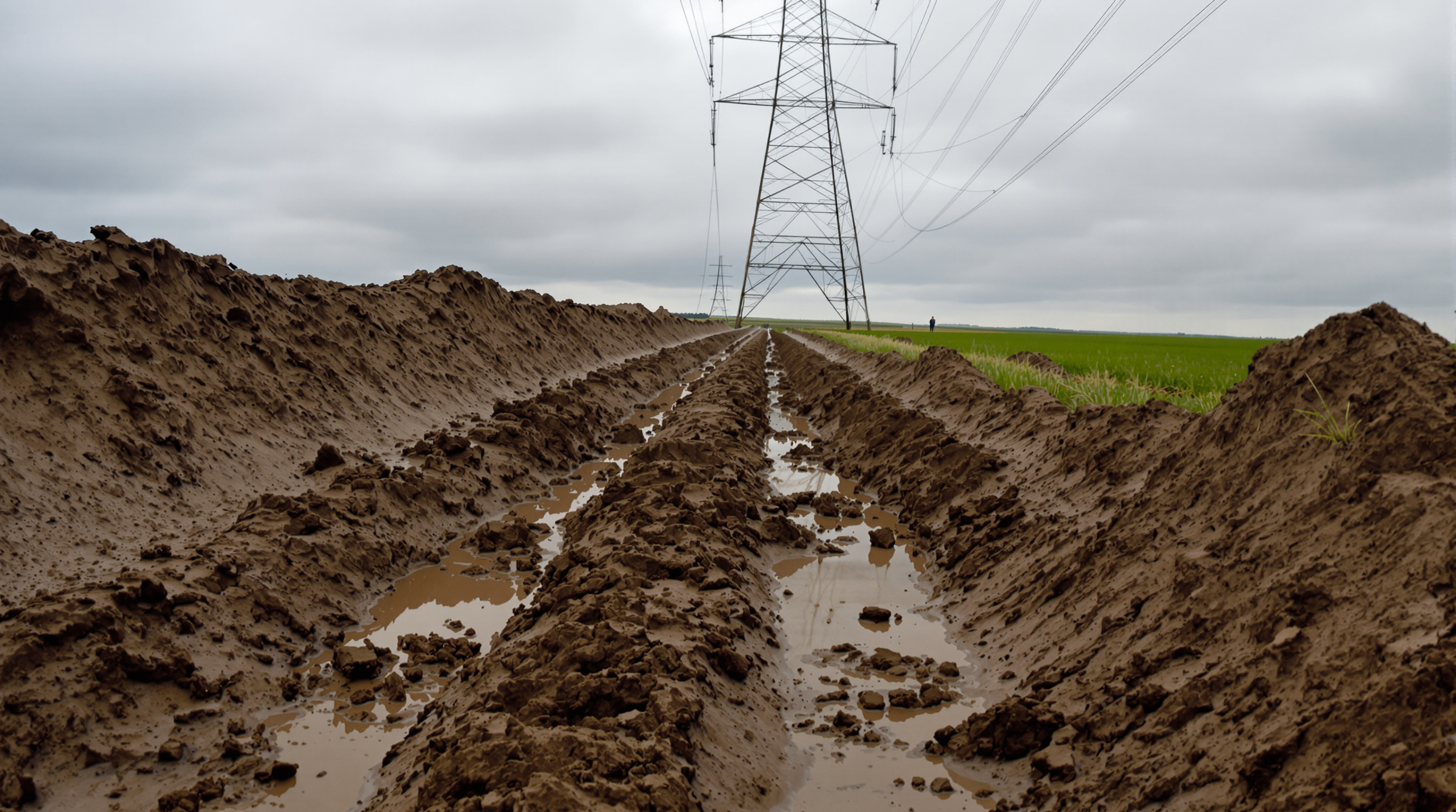 Chemin d'accès boueux difficilement praticable avec un pylône électrique en fond montrant les problèmes d'accès et servitude.