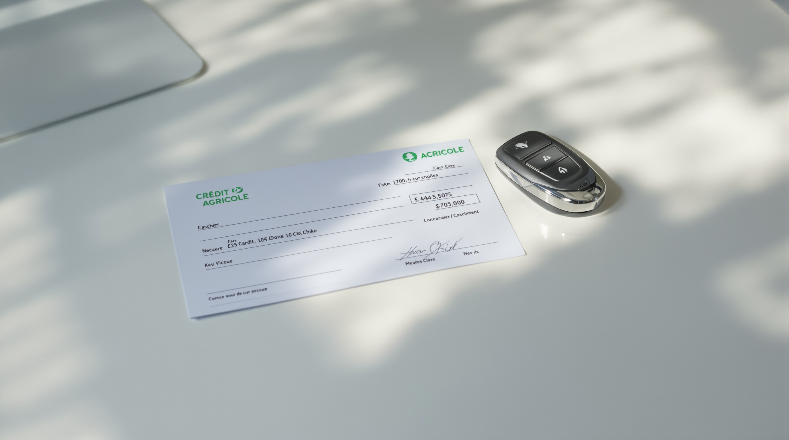 Chèque de banque Crédit Agricole posé avec une clé de voiture