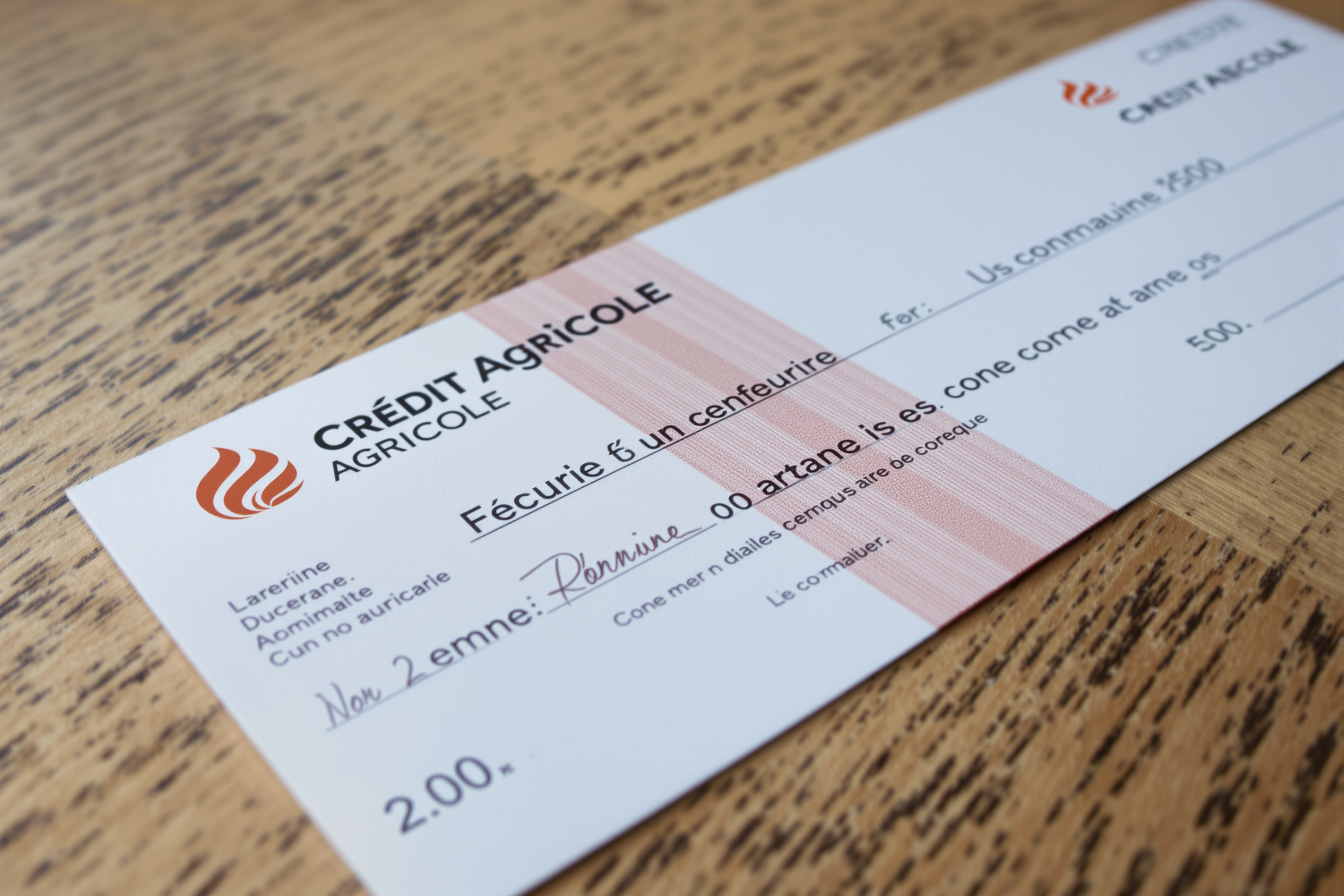 Chèque de banque Crédit Agricole avec détails sécurité