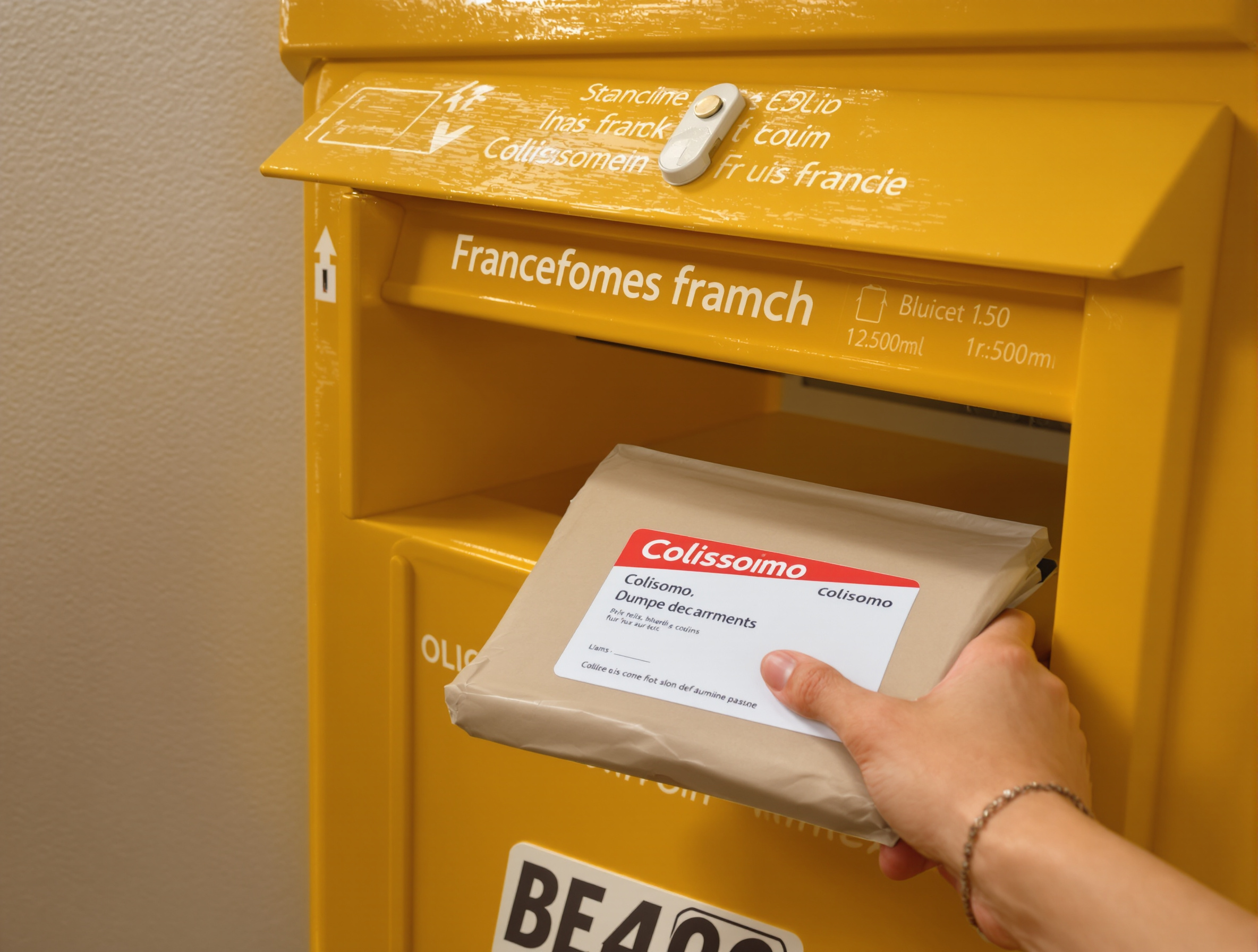 Colis Colissimo avec étiquette visible déposé dans une boîte aux lettres normalisée ouverte, illustrant la fiabilité et la simplicité du service.