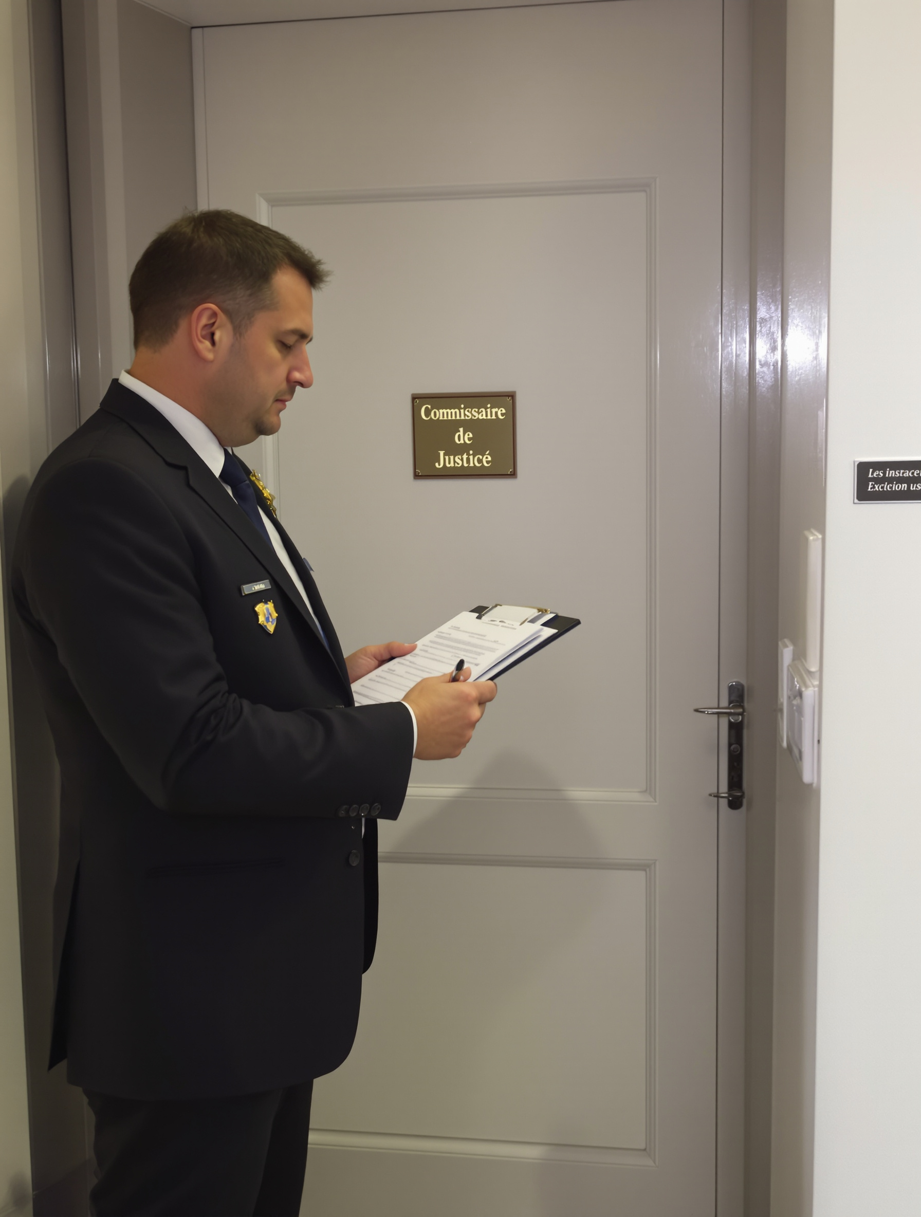 Un Commissaire de Justice habillé en costume, réalisant un constat officiel devant une porte close, symbolisant la force probatoire du procès-verbal dans les litiges JAF.