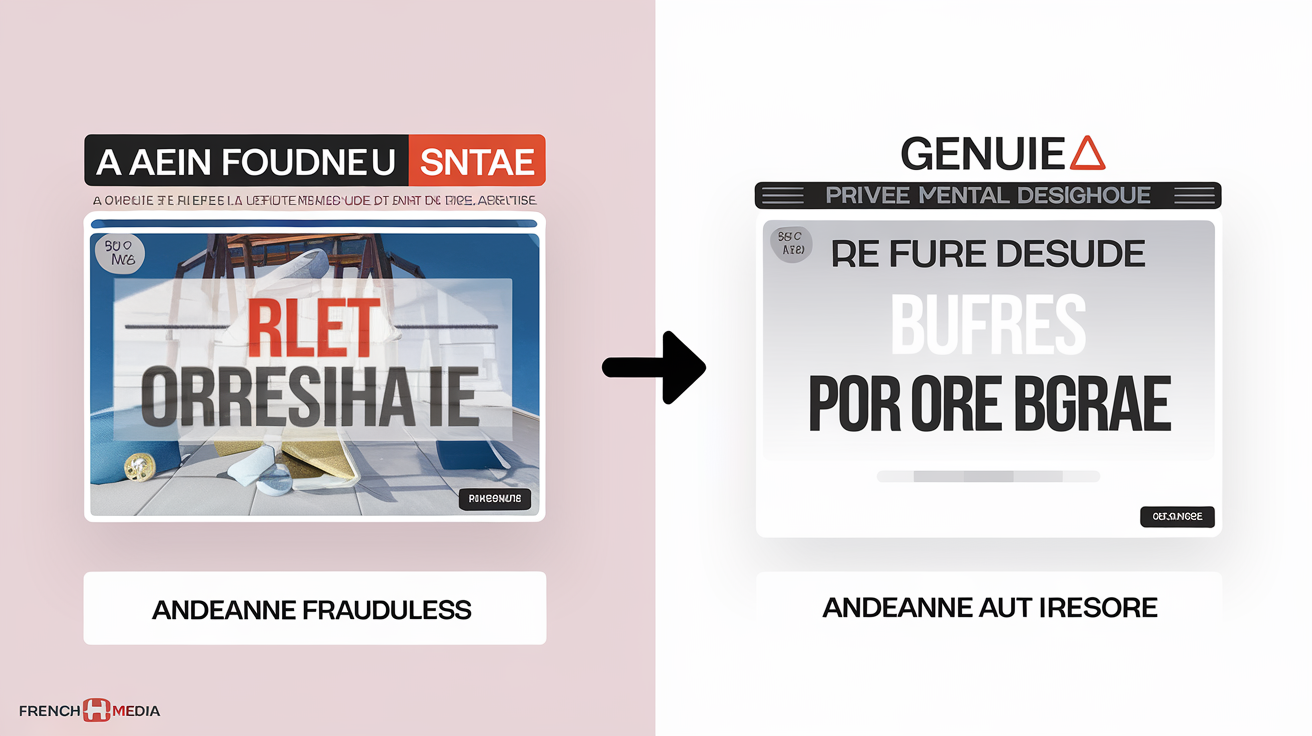 Montage comparant une annonce frauduleuse (photos parfaites, loyer trop bas) à une annonce authentique (sobre, réaliste).