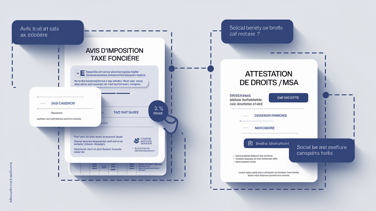 Comparaison entre un avis d'imposition pour la taxe foncière et une attestation de droits CAF/MSA, illustrant les documents à ne pas confondre.