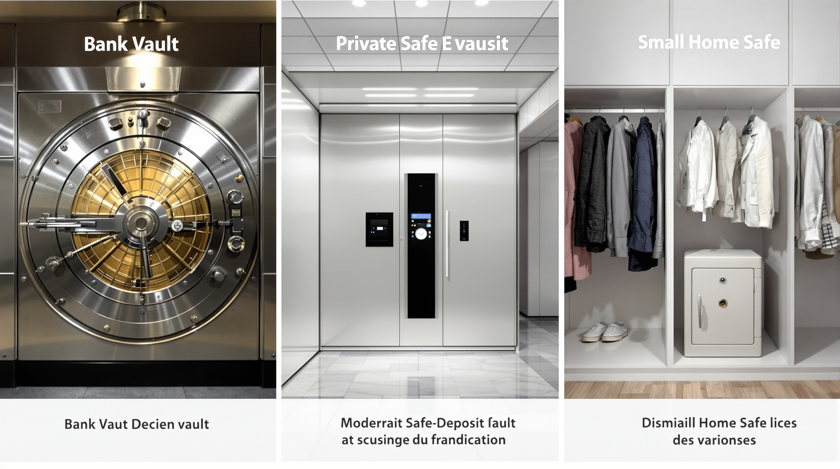 Comparatif visuel : coffre-fort en banque, coffre-fort privé et coffre-fort à domicile.