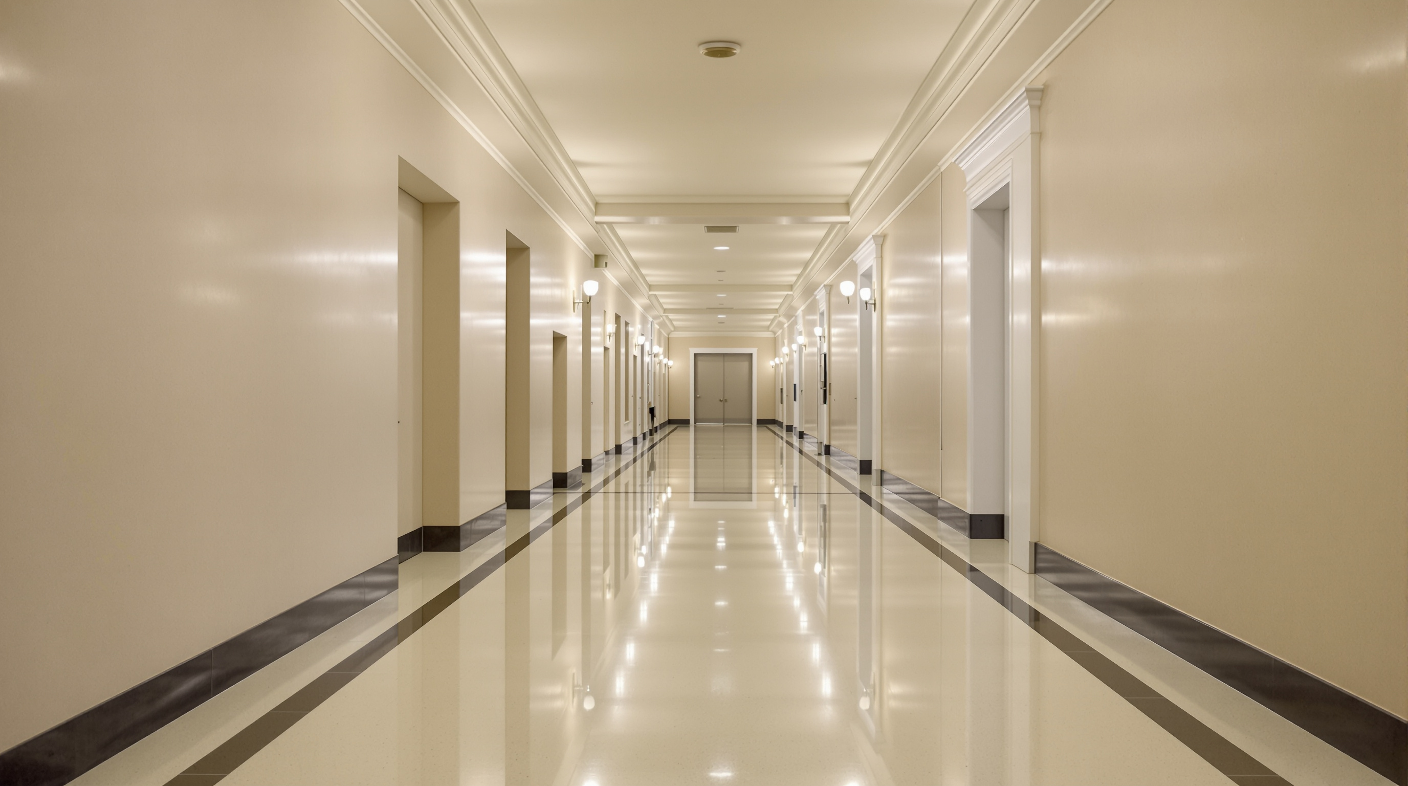 Un couloir sobre et vide d'un palais de justice, symbolisant le chemin formel et impersonnel à emprunter pour faire valoir ses droits après un non-respect de jugement JAF.