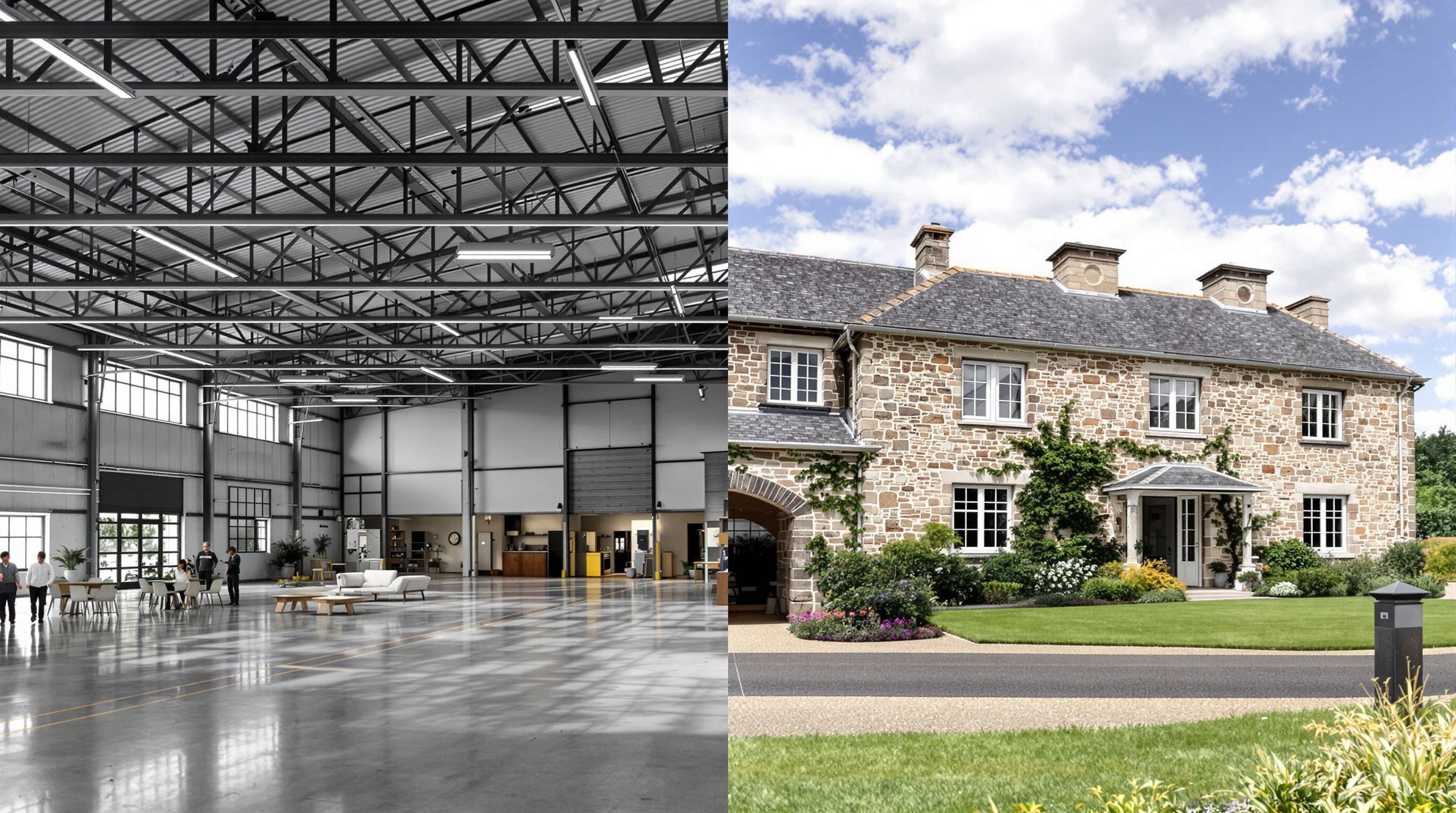 Visuel montrant un hangar et une longère rénovée, diversité Caraes Immobilier Brest