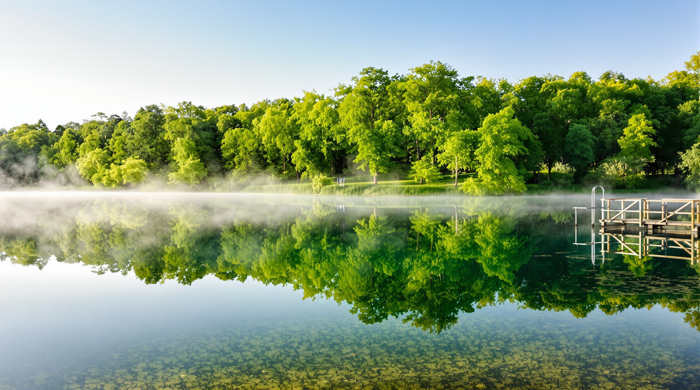 Exemple d'une photo idéale pour une annonce d'étang dans le Nord : lumière matinale, reflet des arbres, petit ponton.