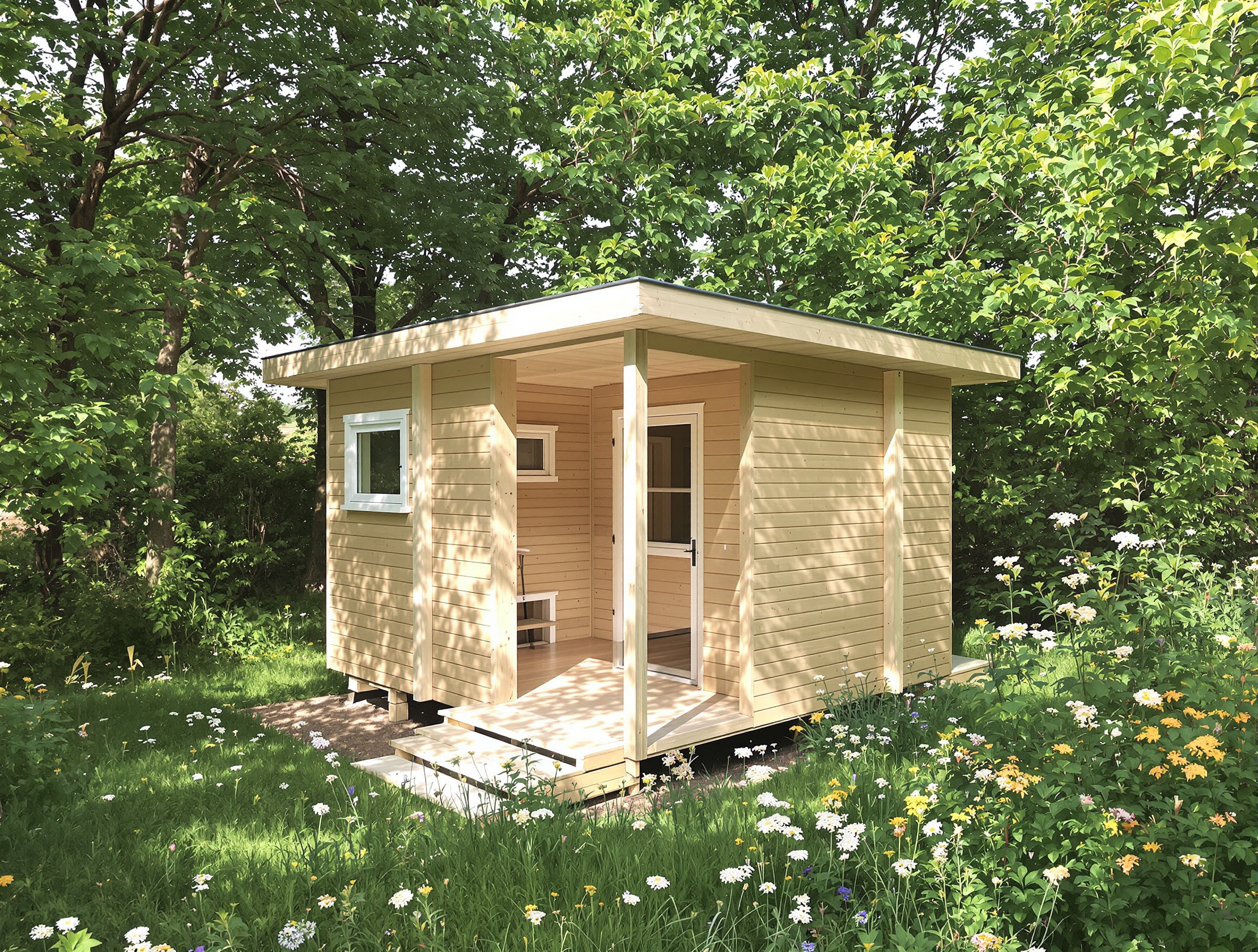 Exemple d'une Habitation Légère de Loisirs (HLL) en bois bien intégrée dans un environnement naturel.