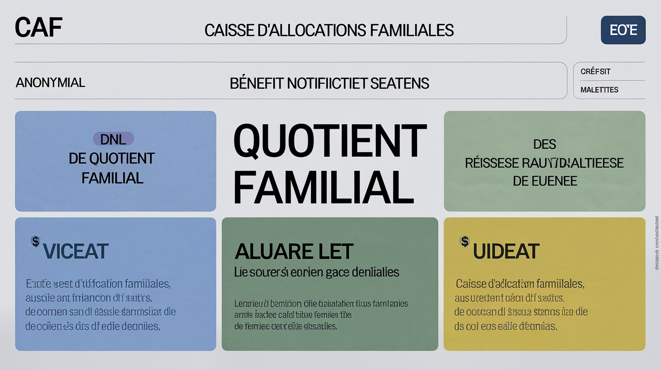 Exemple anonymisé d'une notification de droits de la CAF. Des encadrés de couleur mettent en évidence les informations cruciales : le quotient familial, le montant des aides et la période de validité du document.