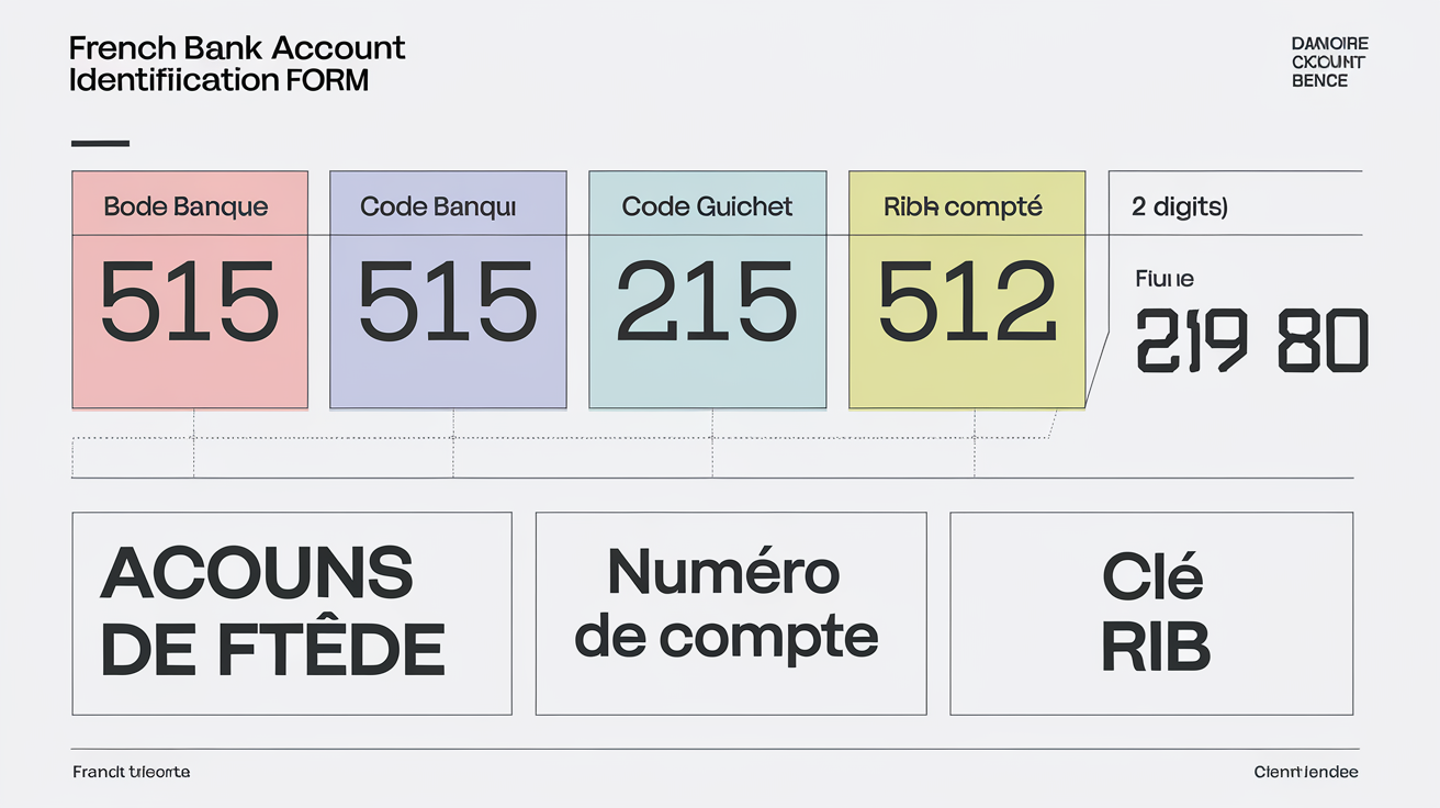 Schéma légendé d'un RIB français avec code banque, code guichet, numéro de compte et clé RIB mis en évidence.