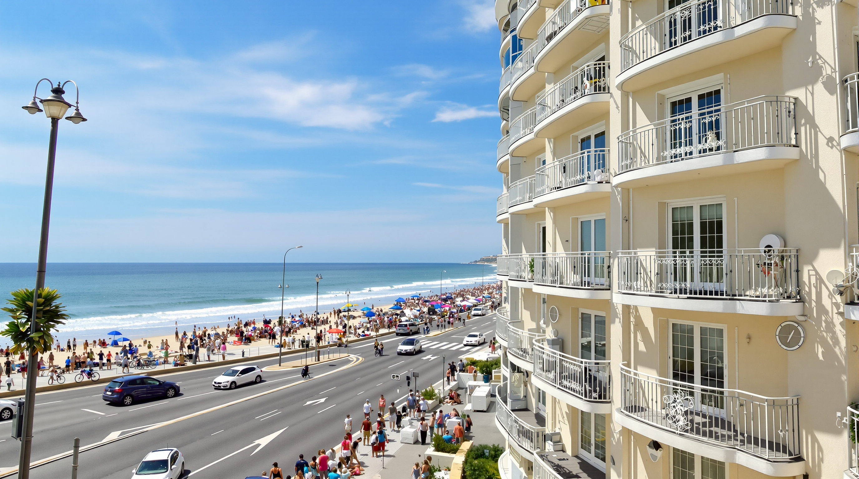 Façade d'un immeuble typique du front de mer de Villers-sur-Mer avec balcons face à la mer et proximité de la route