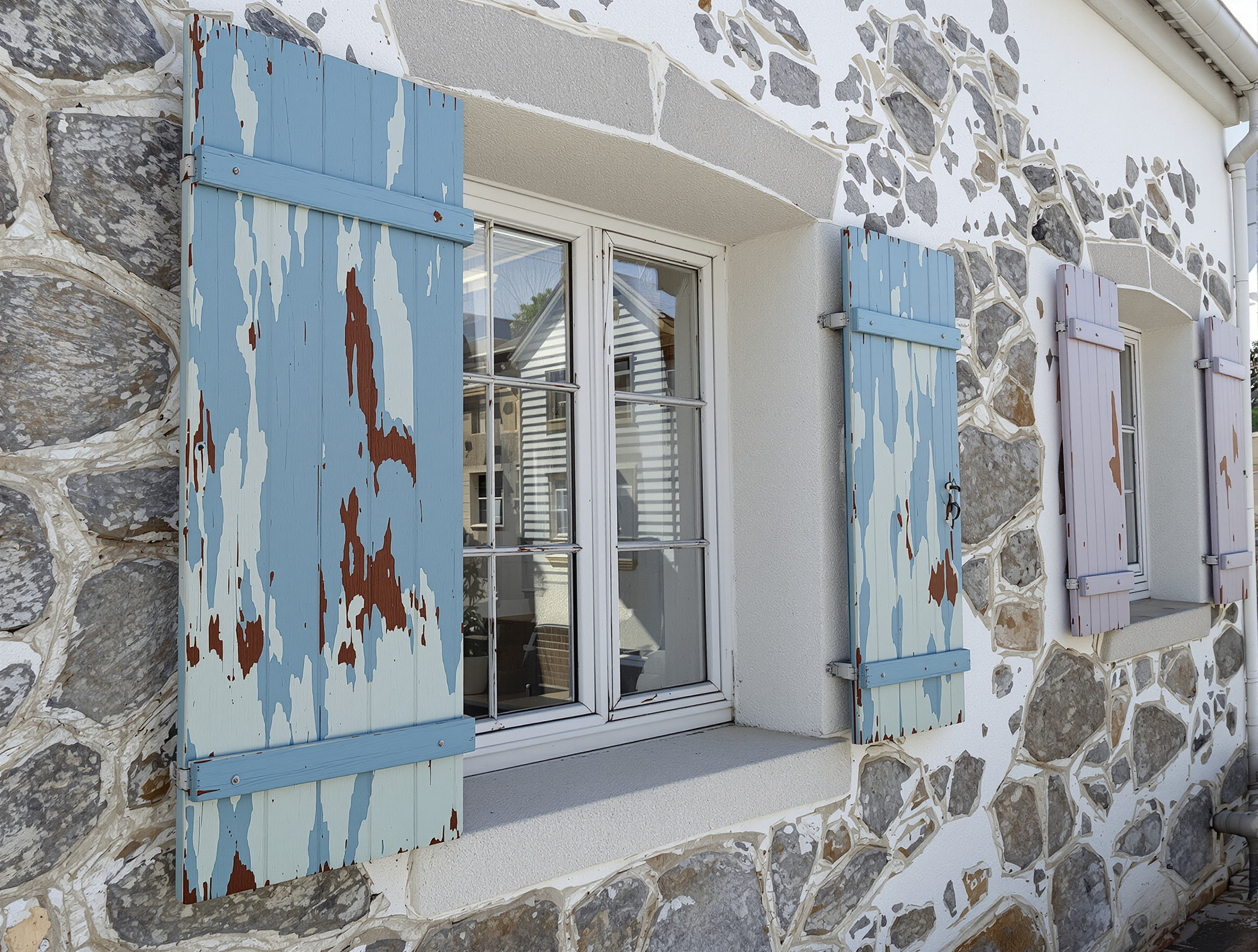 Façade usée d'une maison typique du bord de mer dans le Morbihan : peinture écaillée et volets abîmés par l'air marin.
