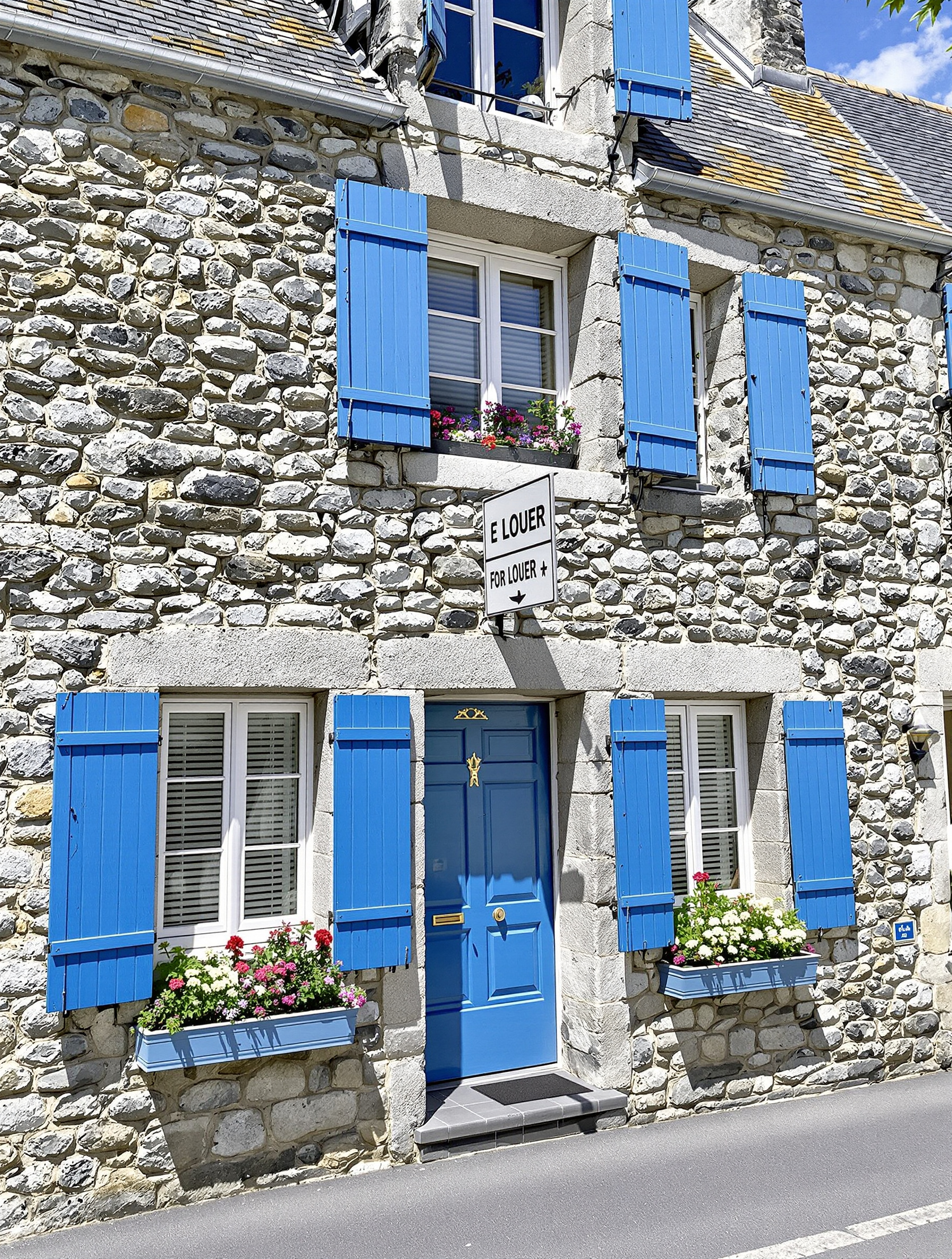 Façade d'une maison typique en pierre de Bretagne avec un panneau 'À Louer', symbolisant la recherche active d'une location à Concarneau.