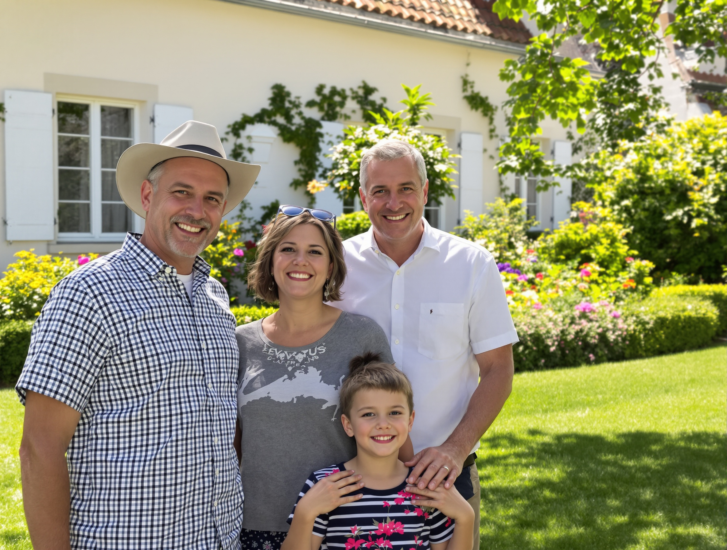Famille heureuse dans le jardin entretenu d'une maison en Mayenne