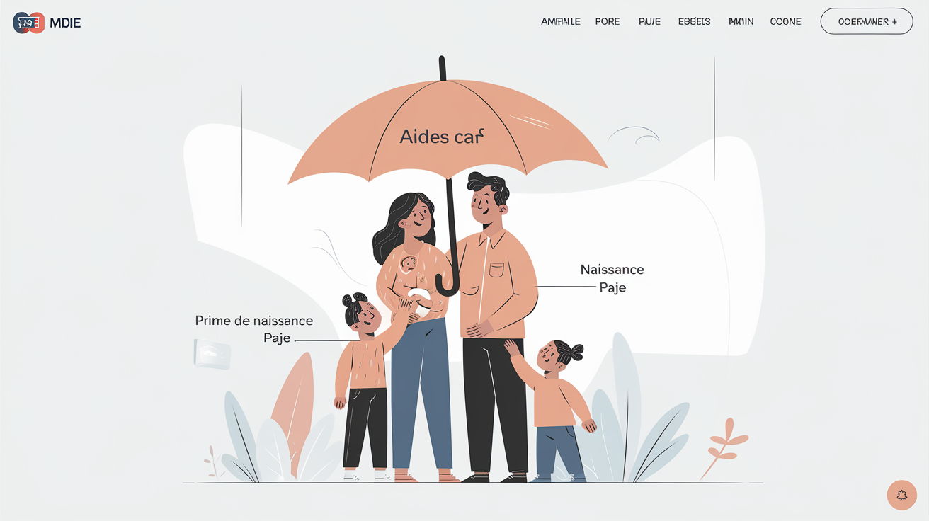 Famille souriante sous un parapluie 'Aides CAF' symbolisant la sécurité financière.