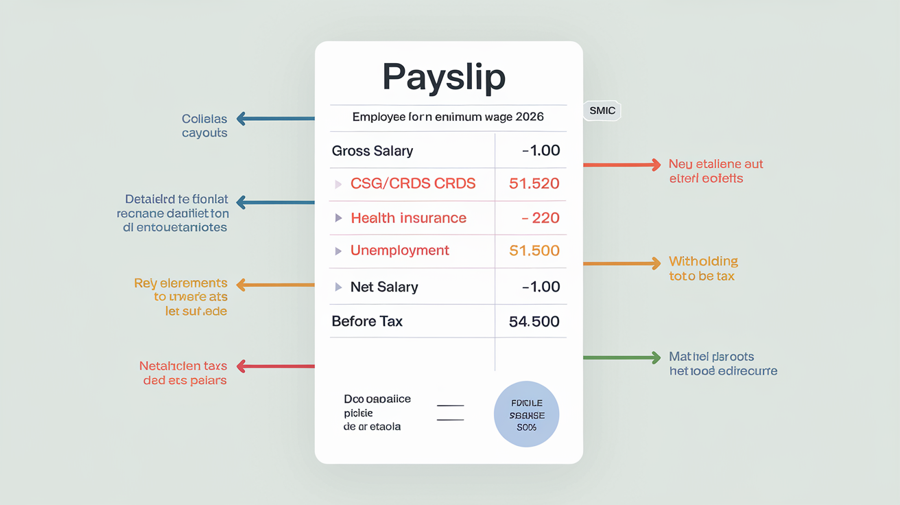 Fiche de paie simplifiée : flèches colorées sur salaire brut, cotisations sociales détaillées, net avant impôt et net payé.