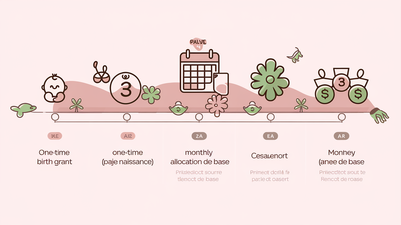 Frise chronologique PAJE avec icônes : prime de naissance, allocation de base mensuelle, CMG, PreParE.