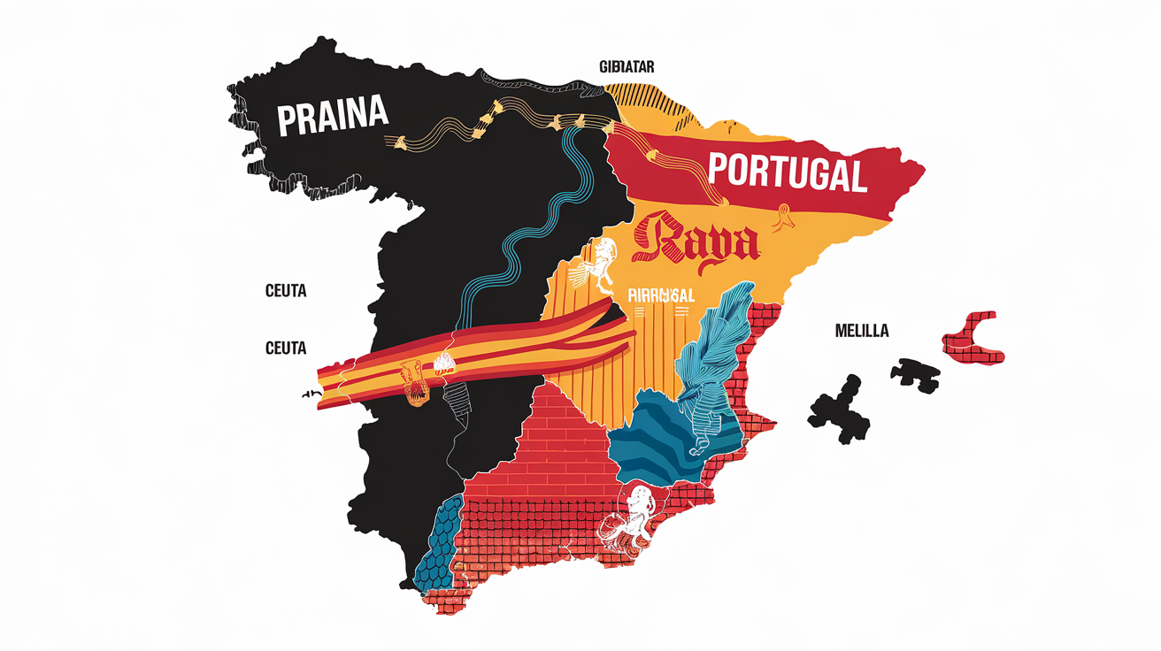 Carte des frontières de l'Espagne, illustrant la longue ligne des Pyrénées avec la France, la 'Raya' avec le Portugal, et les points chauds que sont Gibraltar, Ceuta et Melilla. Ce n'est pas juste un trait sur une carte, c'est un patchwork de deals et de vieilles querelles.