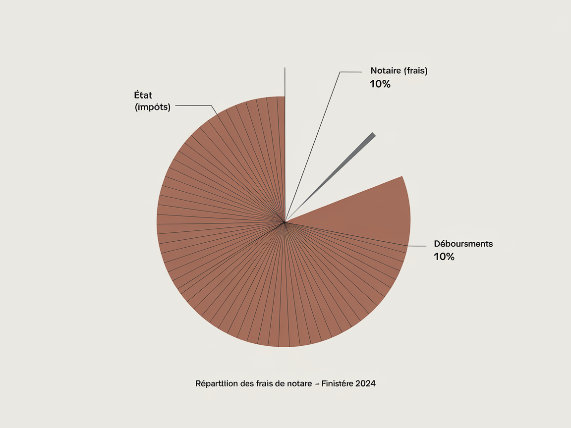 Graphique camembert répartition frais de notaire : 80% taxes Etat/collectivités, 10% émoluments notaire, 10% débours.