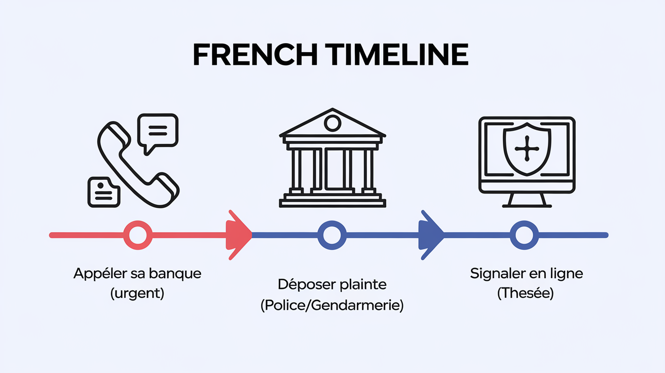 Infographie : timeline d’urgence après virement frauduleux (banque, plainte, signalement).
