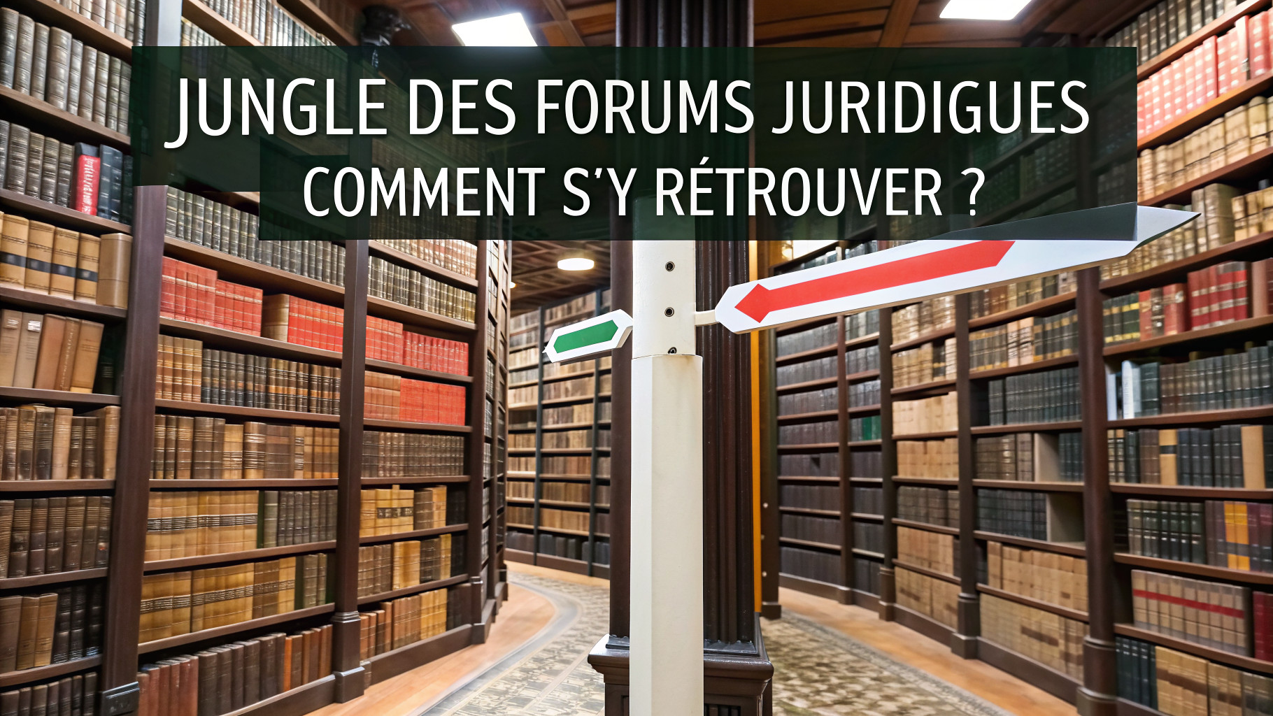 immense bibliothèque chaotique illustrant le foisonnement d'informations sur les forums généralistes juridiques