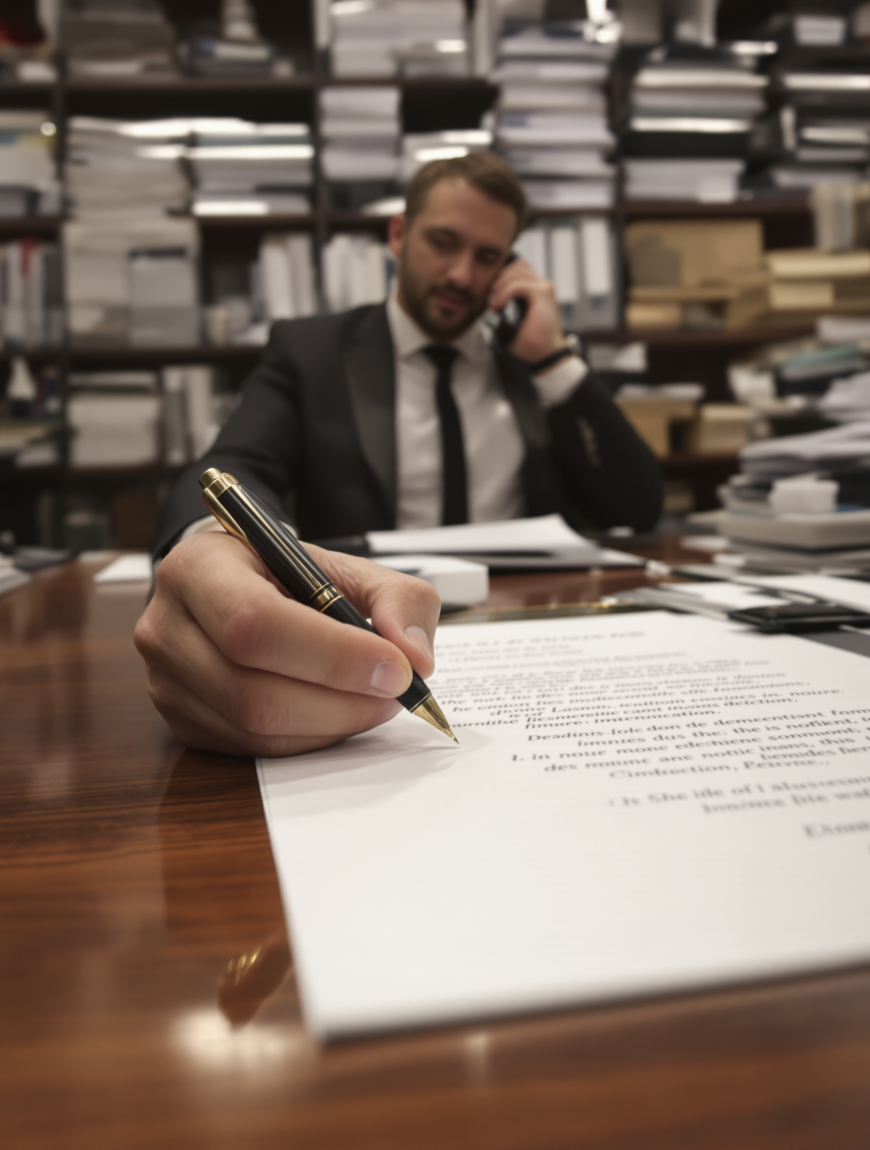 Clerc de notaire au téléphone pendant qu'une main signe un acte officiel – importance du travail d'équipe.