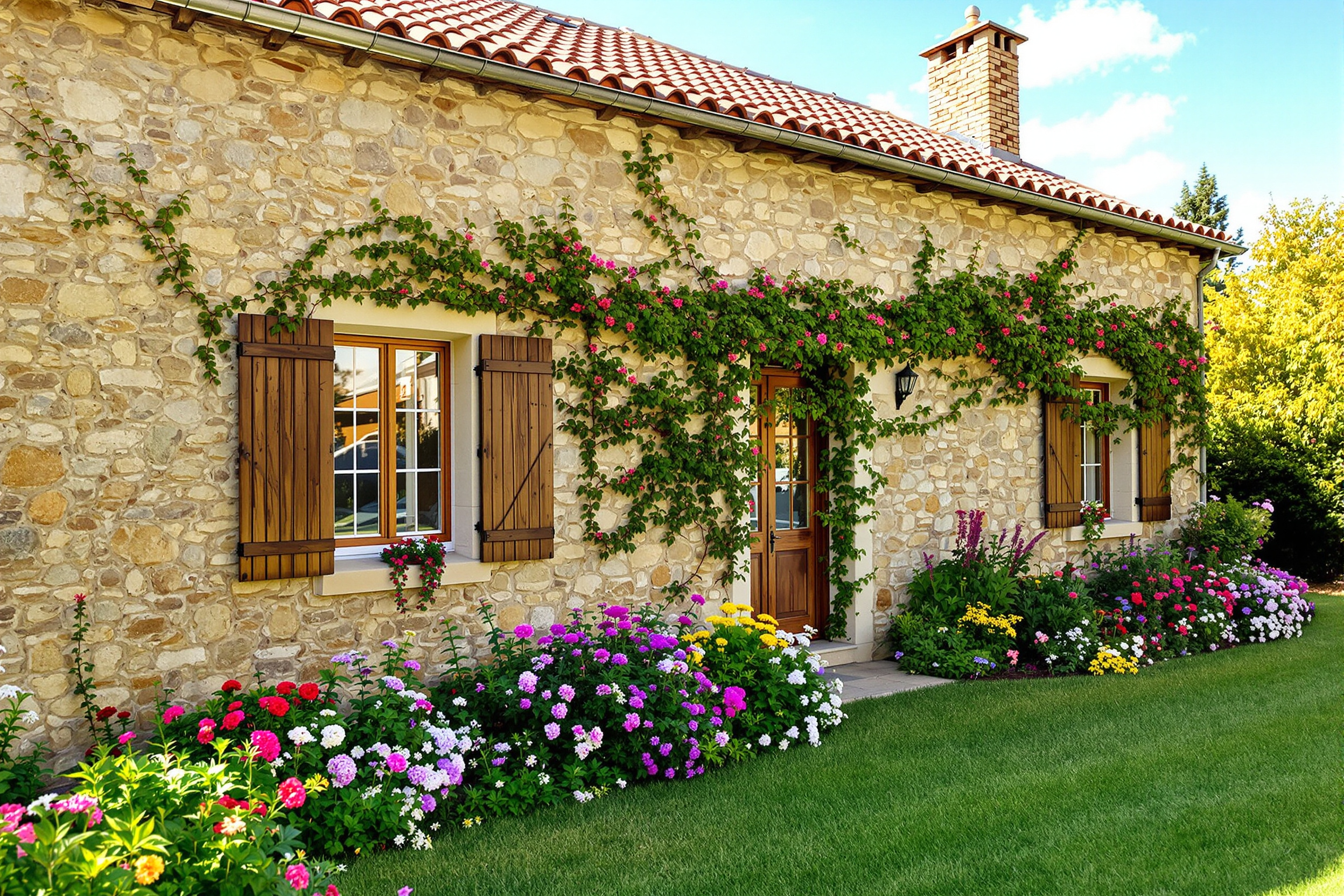 Maison de campagne en pierre typique du Tarn-et-Garonne avec jardin fleuri