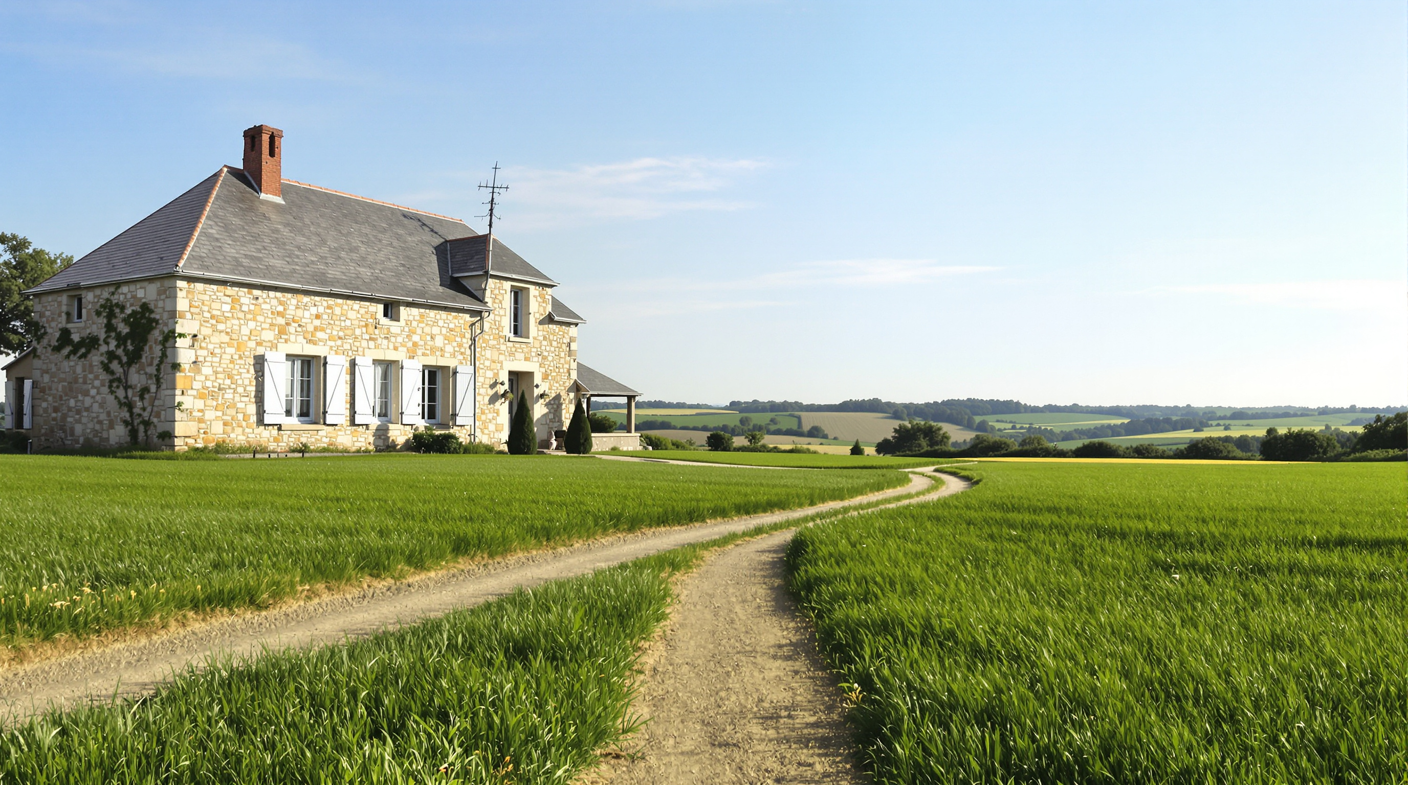 Maison cantalienne avec chemin de terre traversant la pelouse vers un champ – illustration d'une servitude de passage rurale