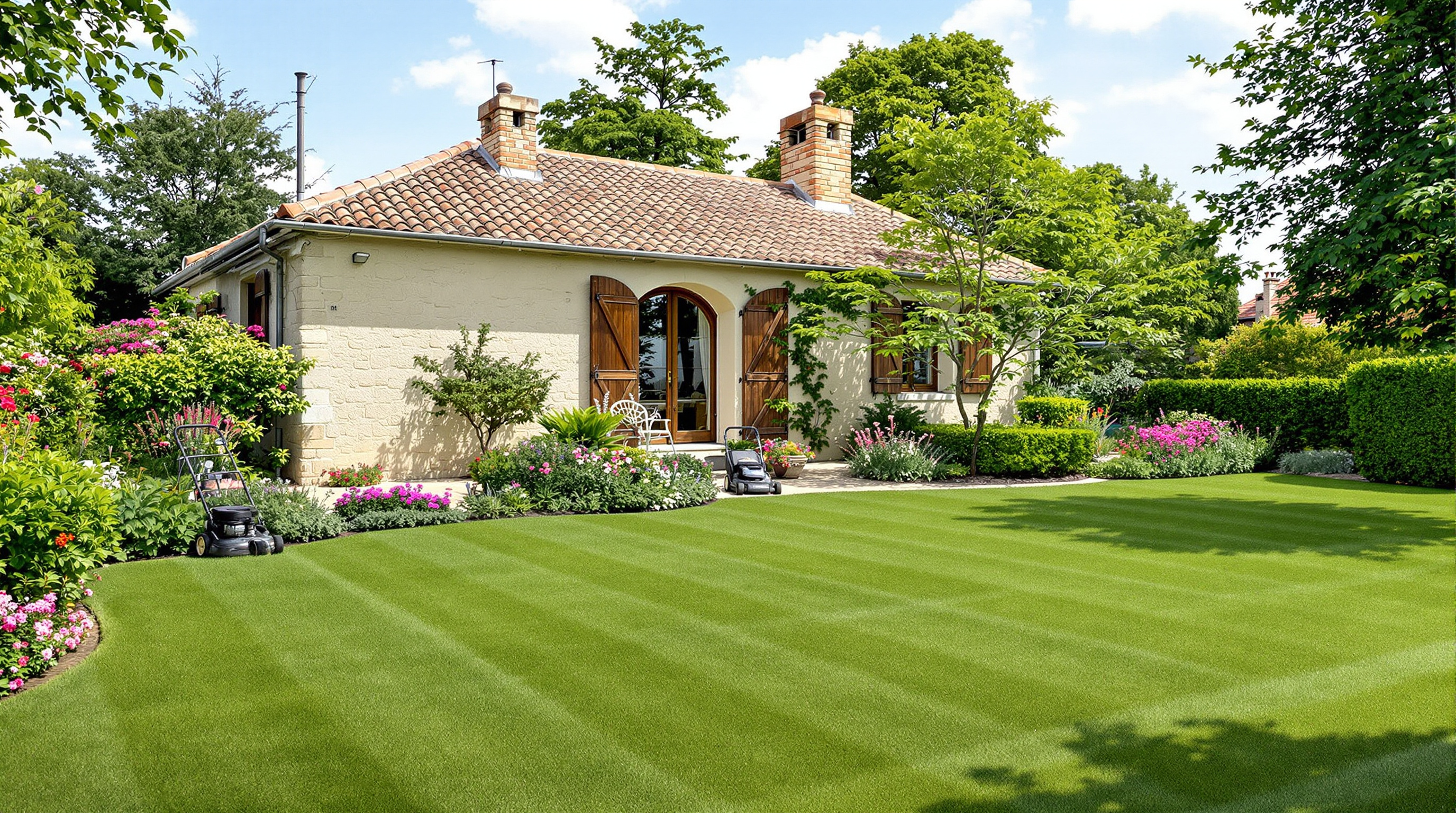 maison de plain-pied du Lot avec grand jardin entretenu illustrant l'entretien nécessaire