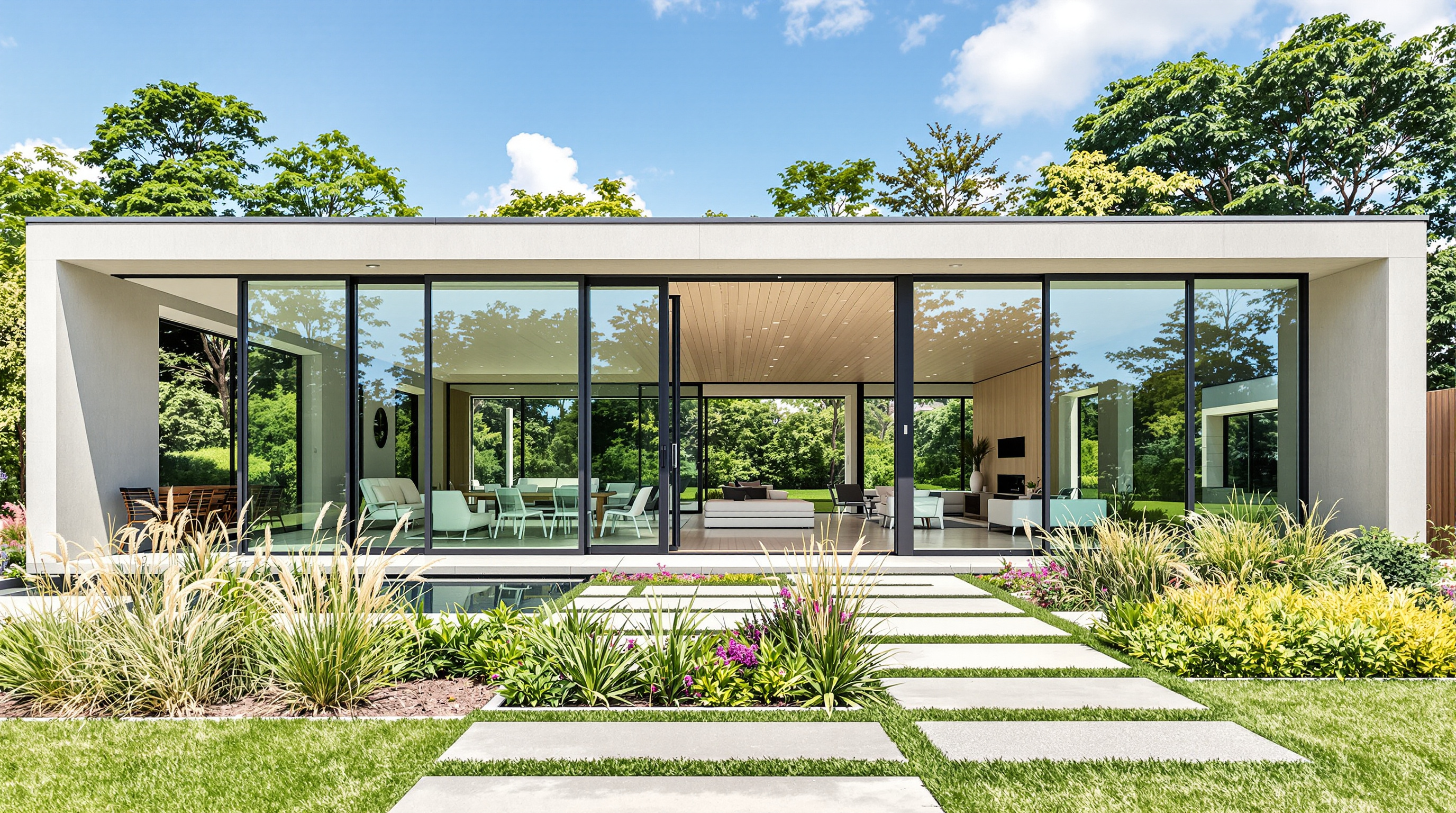 Maison plain-pied moderne avec grandes baies vitrées donnant sur jardin paysager