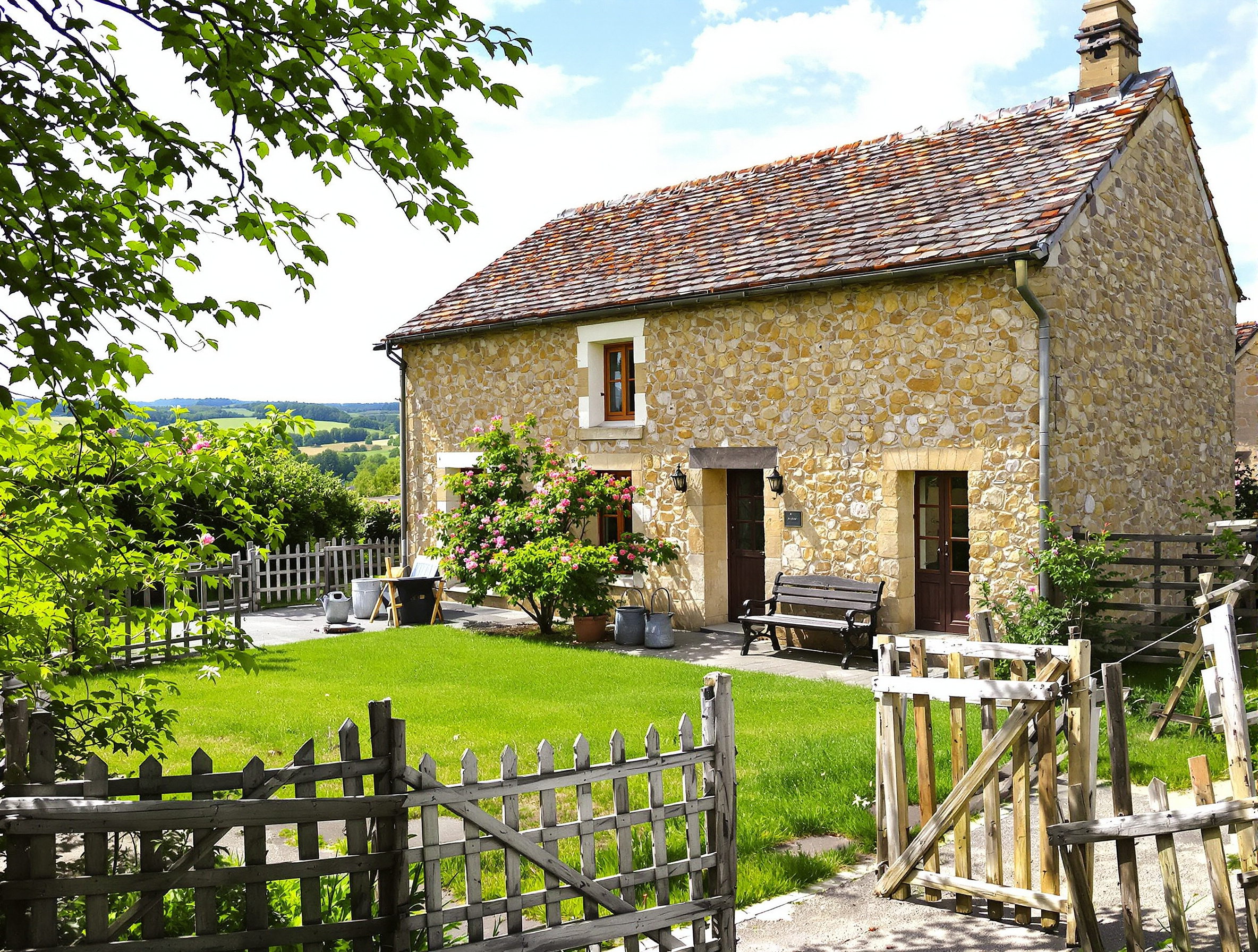 maison de plain-pied typique du Lot, architecture traditionnelle, jardin modeste