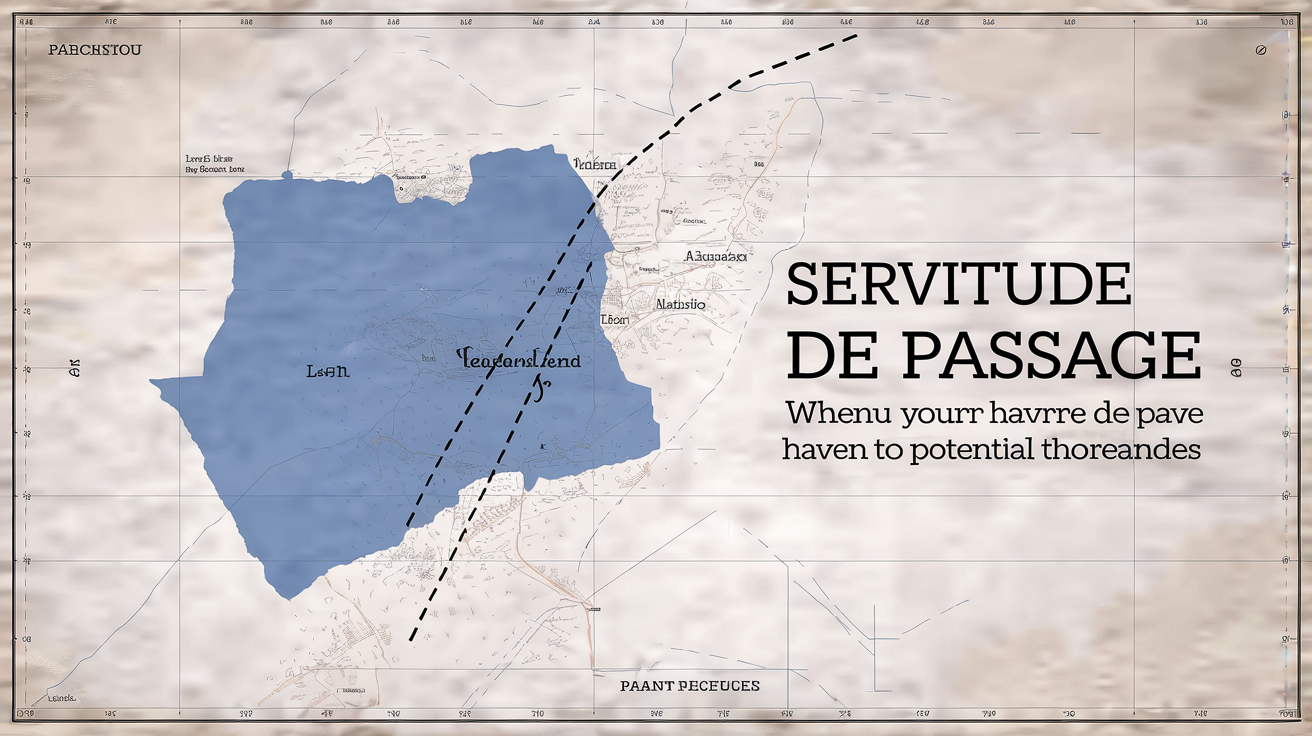 Exemple d'un plan cadastral montrant une servitude de passage. Le trait en pointillés qui traverse la parcelle bleue est le genre de détail qui peut transformer ton rêve de tranquillité en autoroute pour le tracteur du voisin à Honfleur.