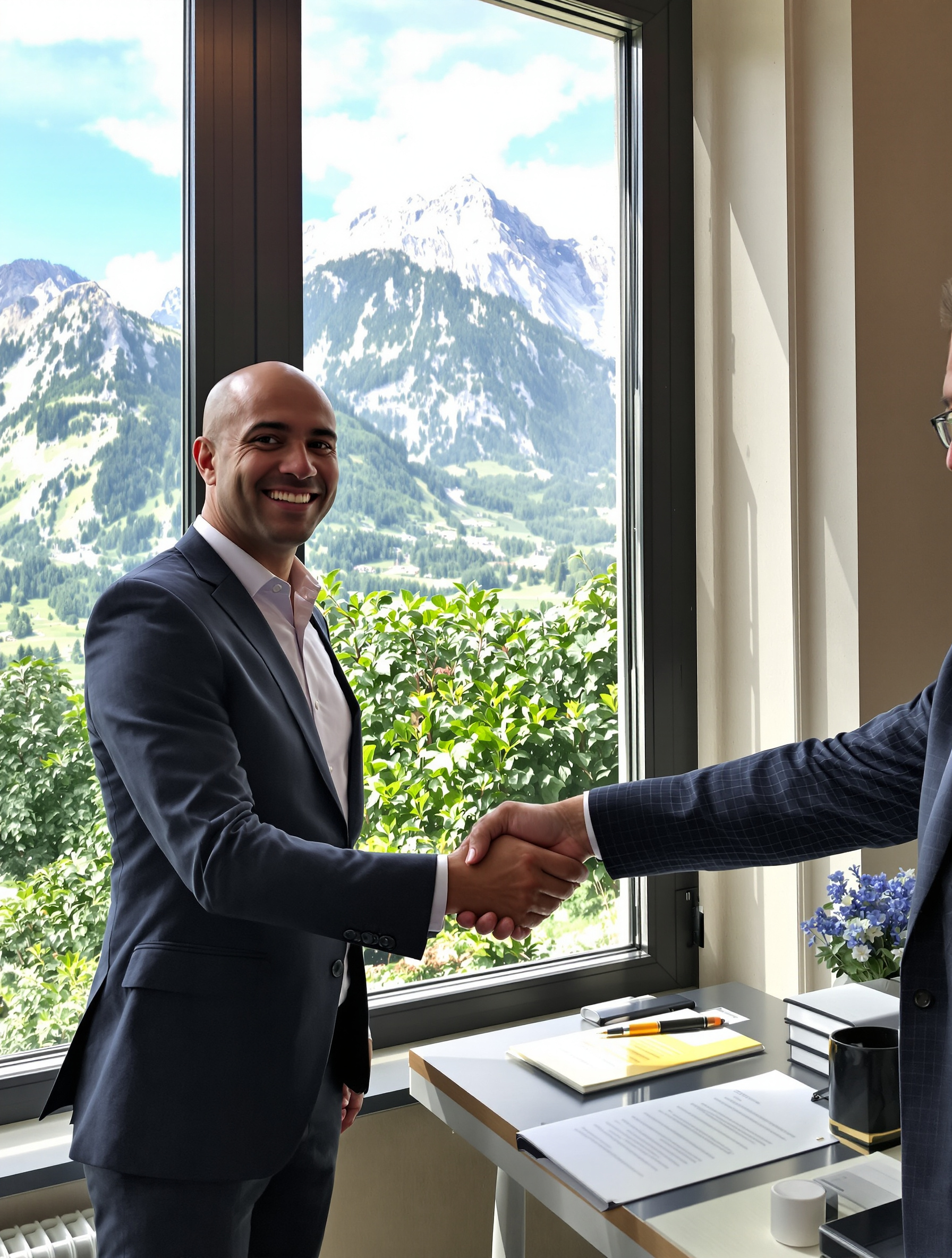 Poignée de main bureau notaire Haute-Savoie confiance montagne