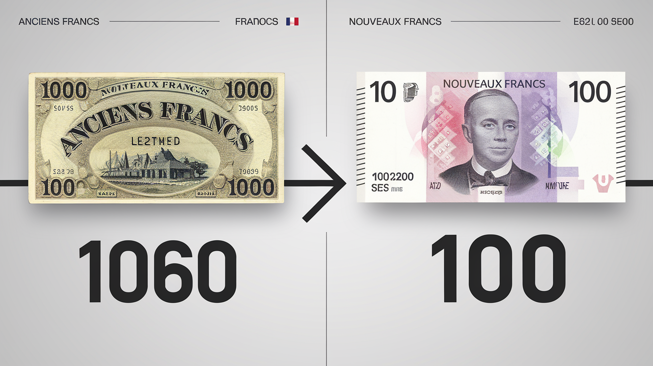Montage visuel comparant un billet en anciens francs plein de zéros avec un billet en nouveaux francs de valeur équivalente, illustrant la réforme monétaire française de 1960.