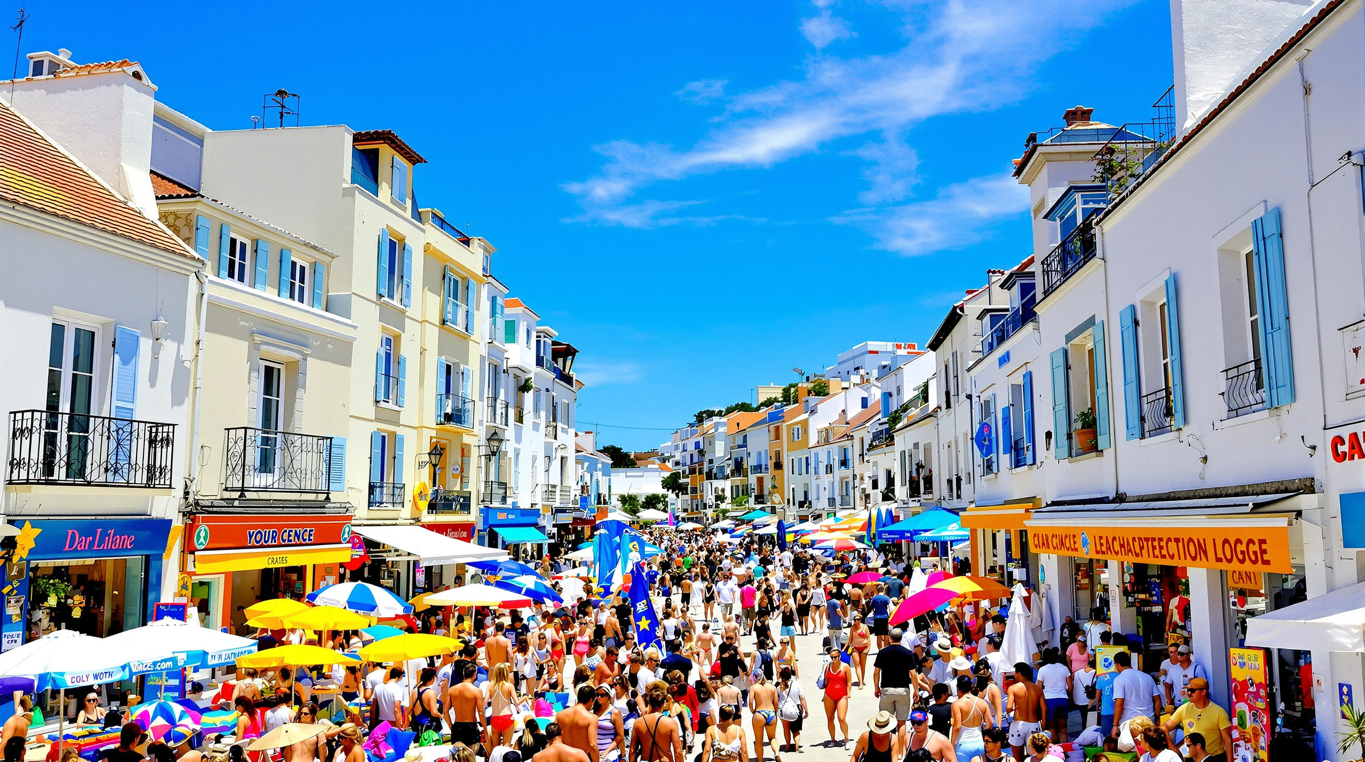 Rue animée du centre-ville de Châtelaillon-Plage en plein été montrant la foule et la densité des habitations