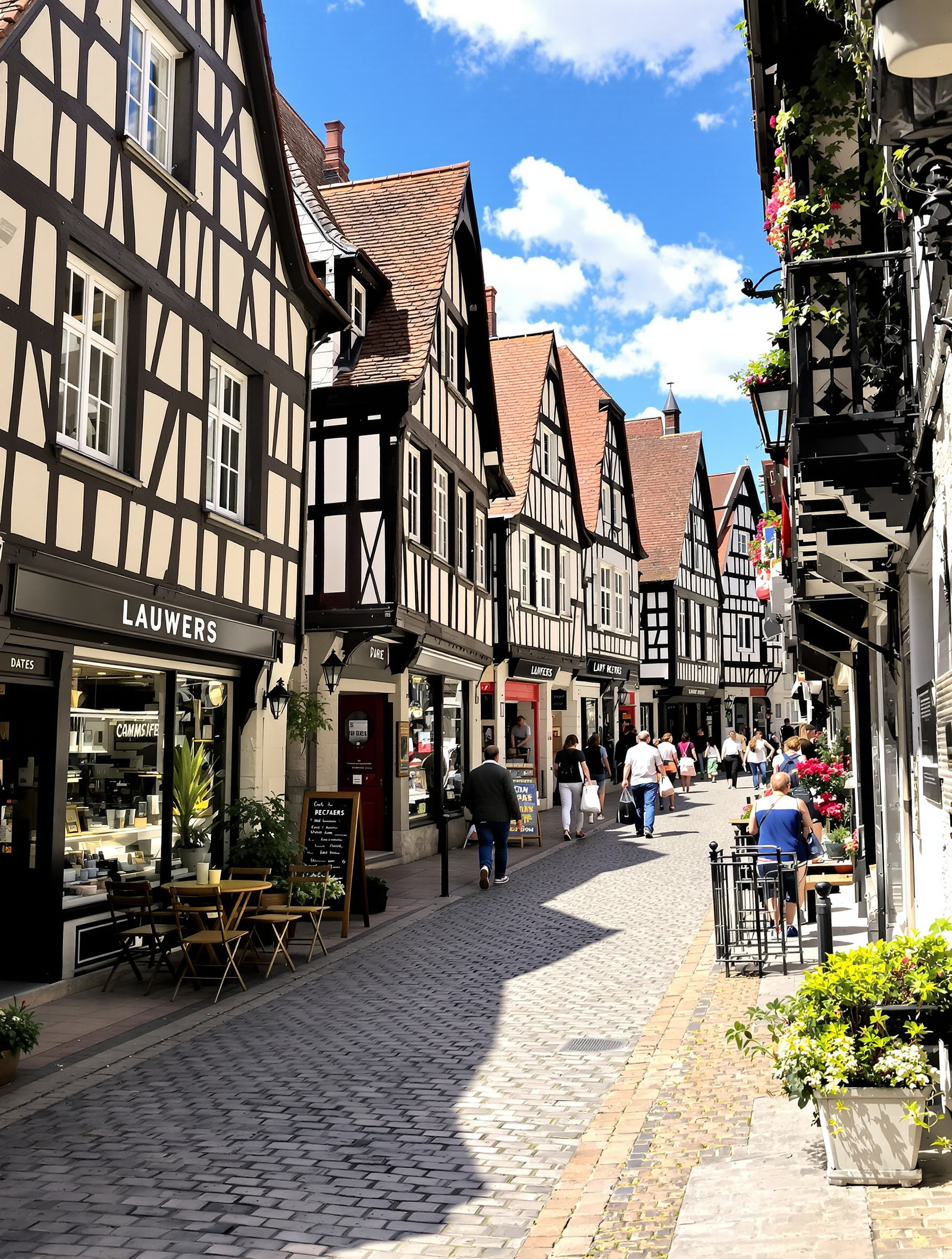 Rue animée du centre-ville de Laval avec commerces et maisons à colombages