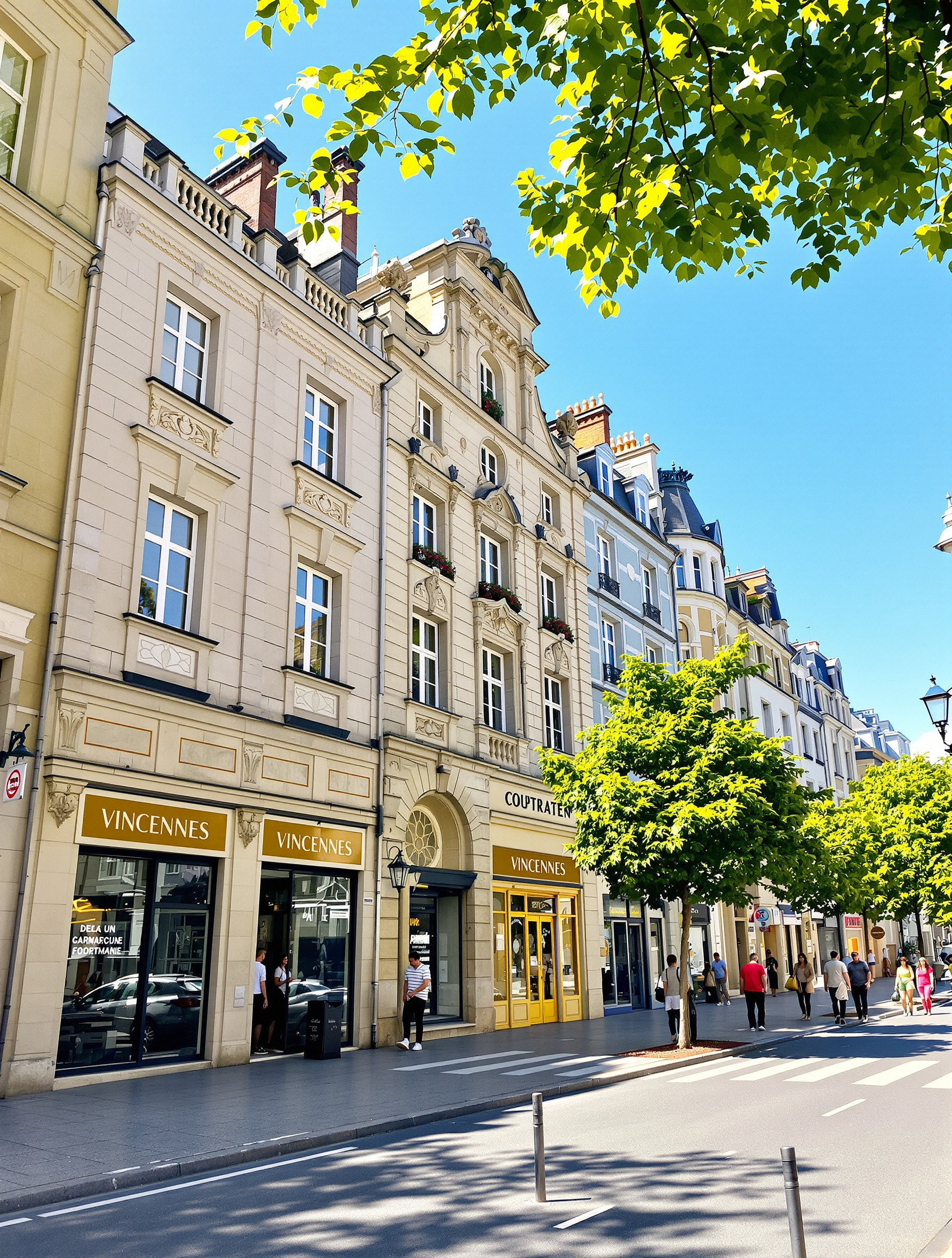 Rue ensoleillée du centre-ville de Vincennes avec immeubles en pierre de taille et commerces