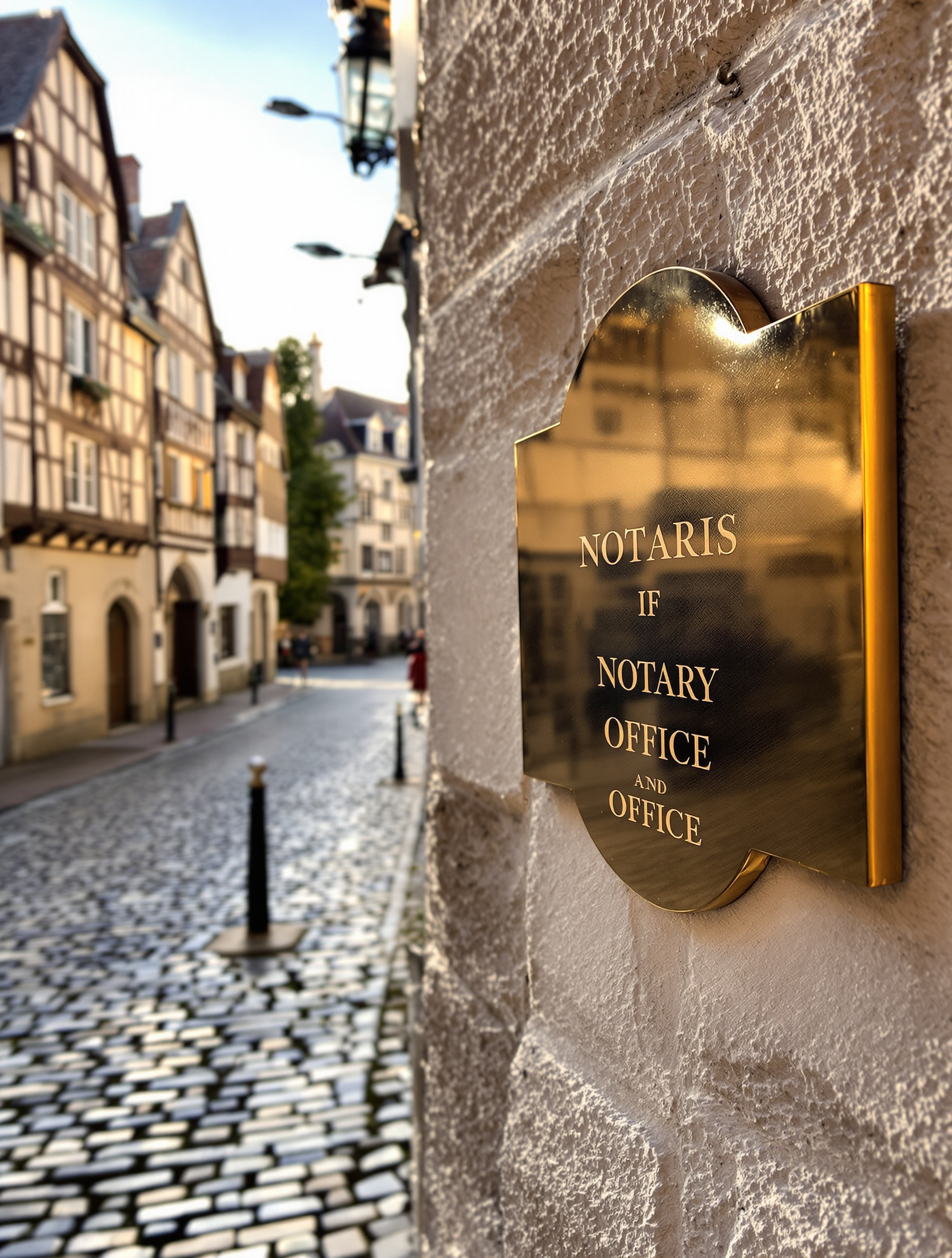 Rue pavée centre historique Troyes plaque dorée étude notariale
