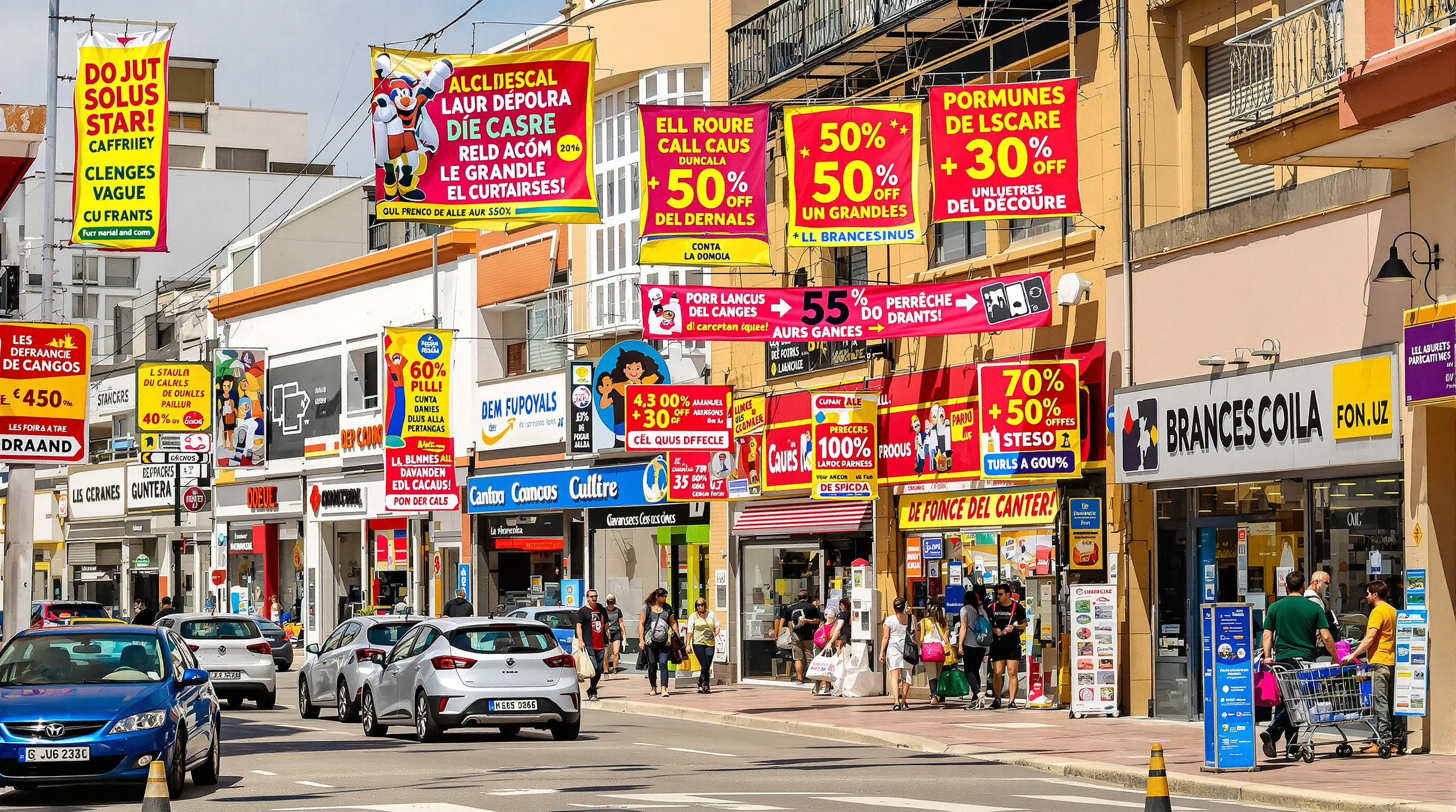 Rue commerçante animée à La Jonquera, avec de nombreux supermarchés et stations-service à la frontière franco-espagnole.
