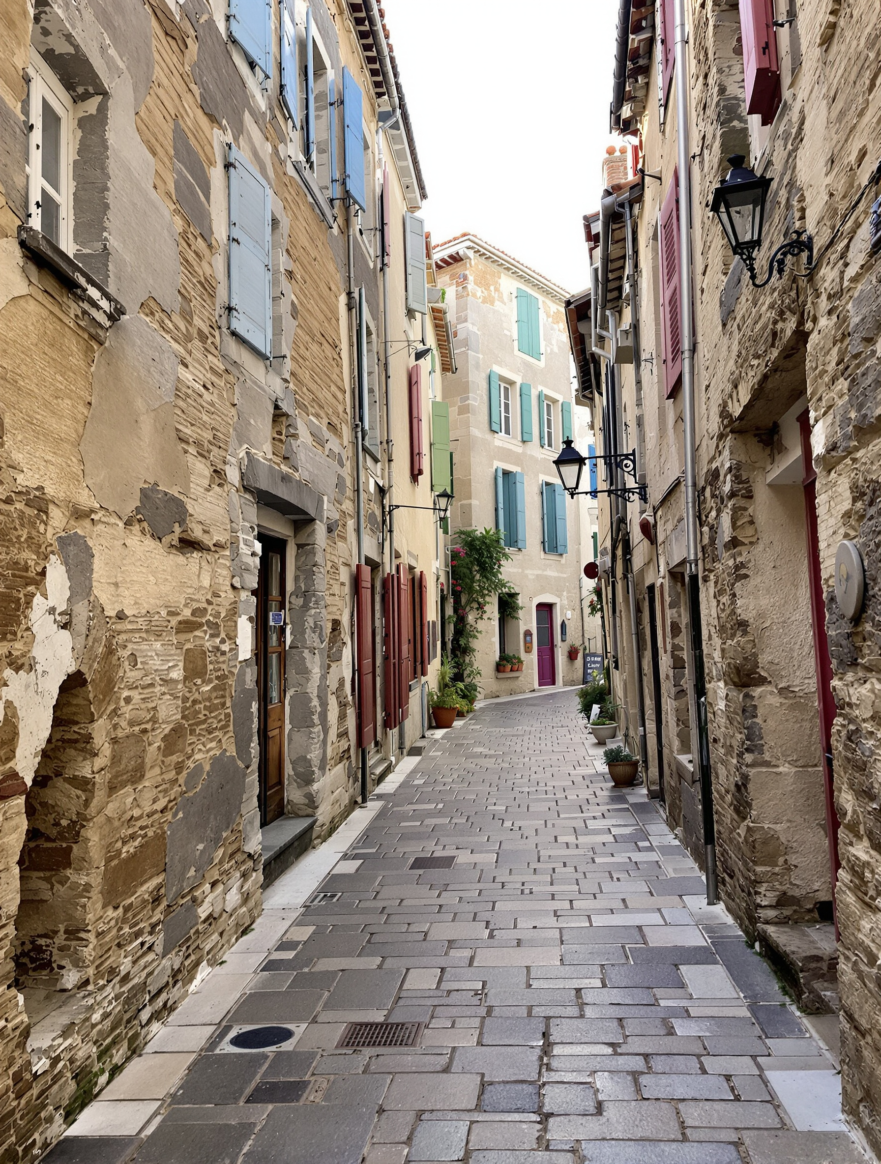 Ruelle authentique du Vieux Village de Gruissan, maisons en pierre et volets colorés