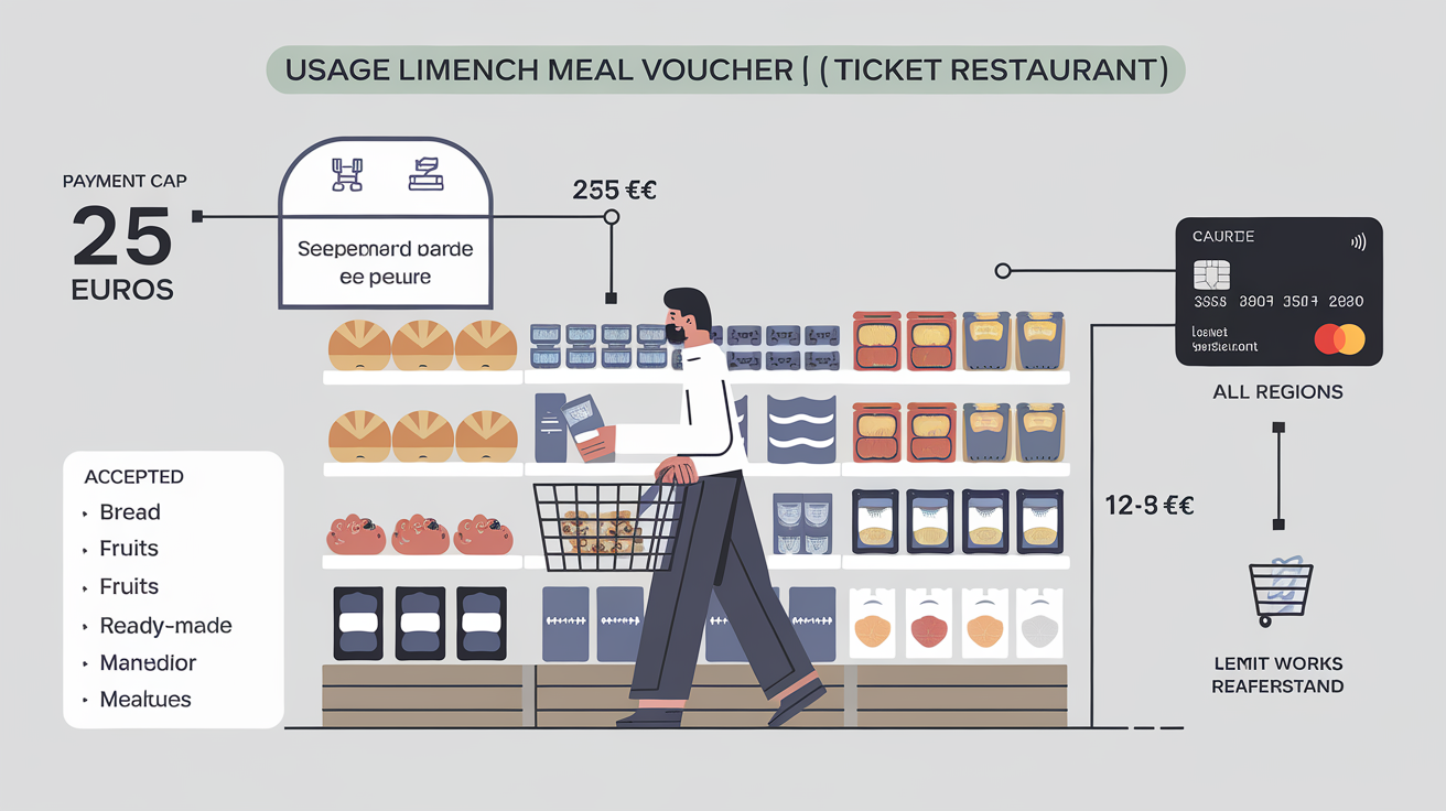 Schéma limites utilisation ticket restaurant: plafond journalier 25€, carte, produits alimentaires
