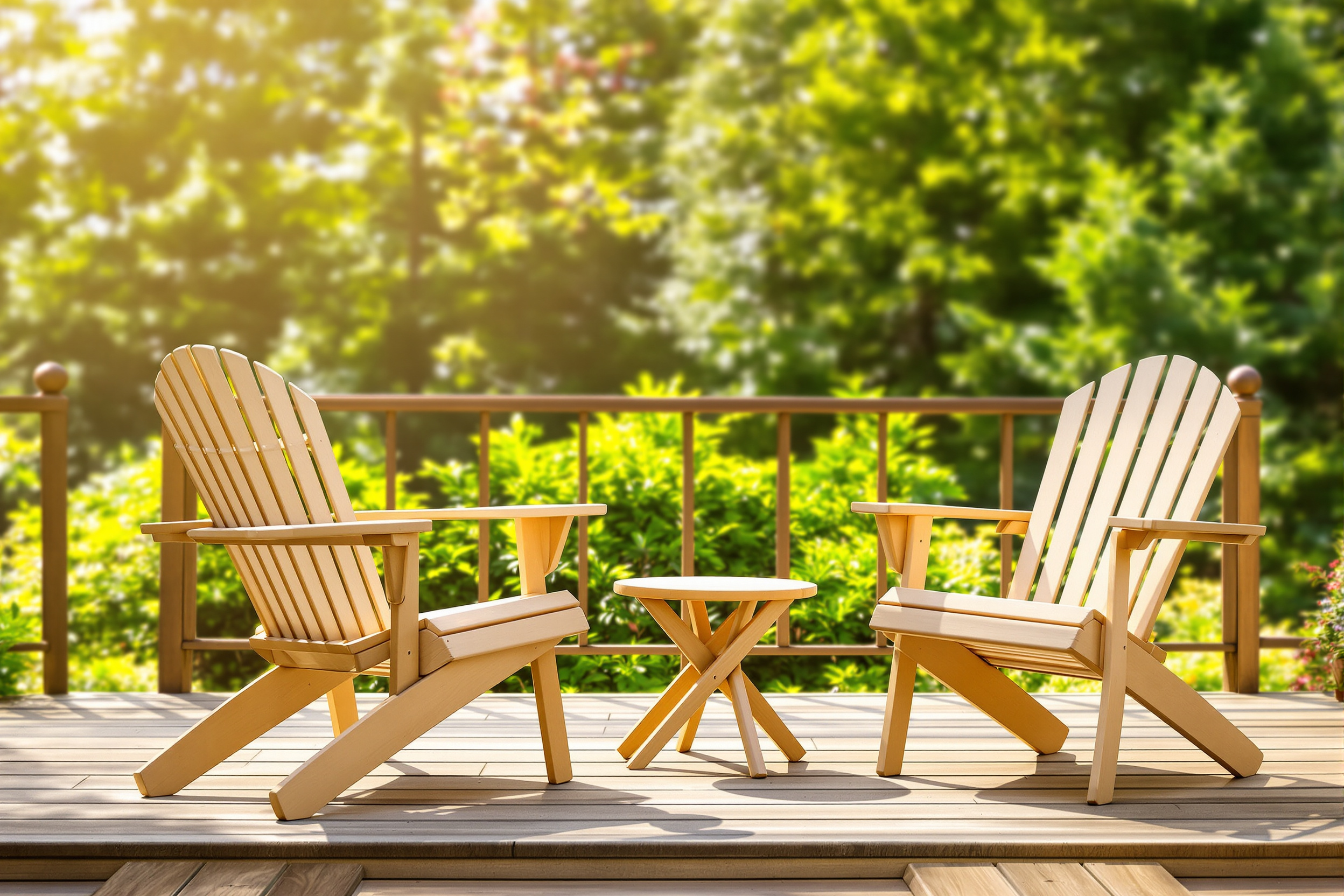 Terrasse en bois ensoleillée dans les Vosges, deux chaises, petite table et jardin verdoyant