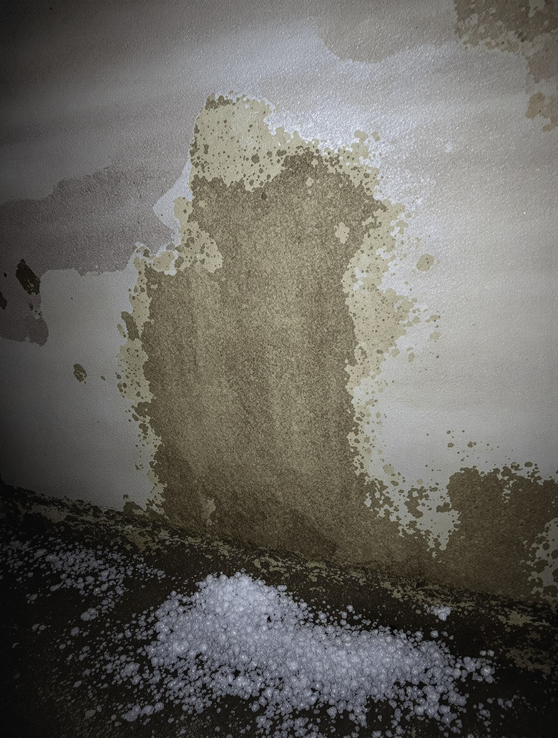 Trace d'humidité et salpêtre à la base d'un mur en pierre – vice caché typique à inspecter.