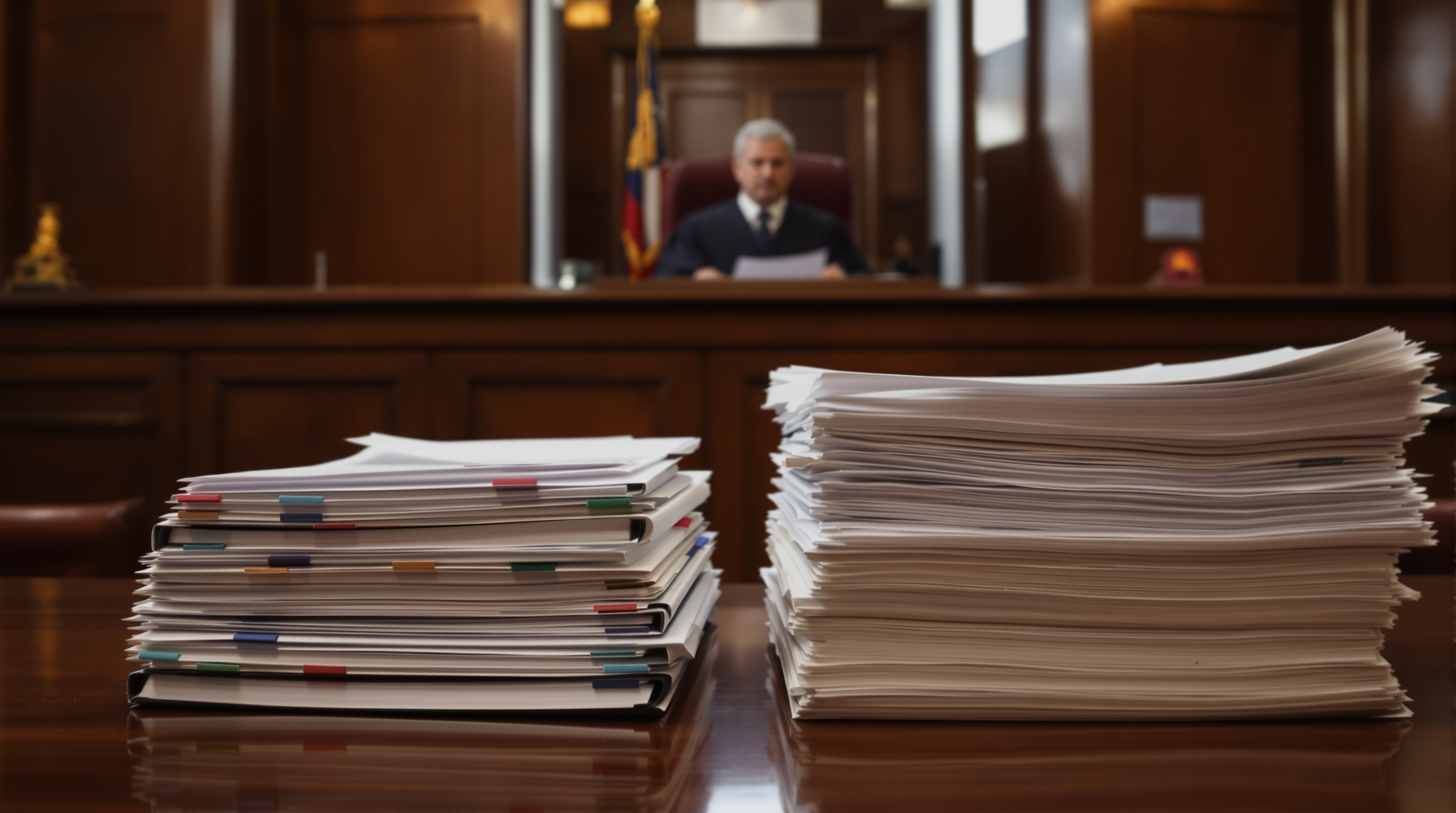 Tribunal avec dossiers empilés, un parent déterminé devant le juge, symbolisant la procédure civile pour faire appliquer un jugement familial.